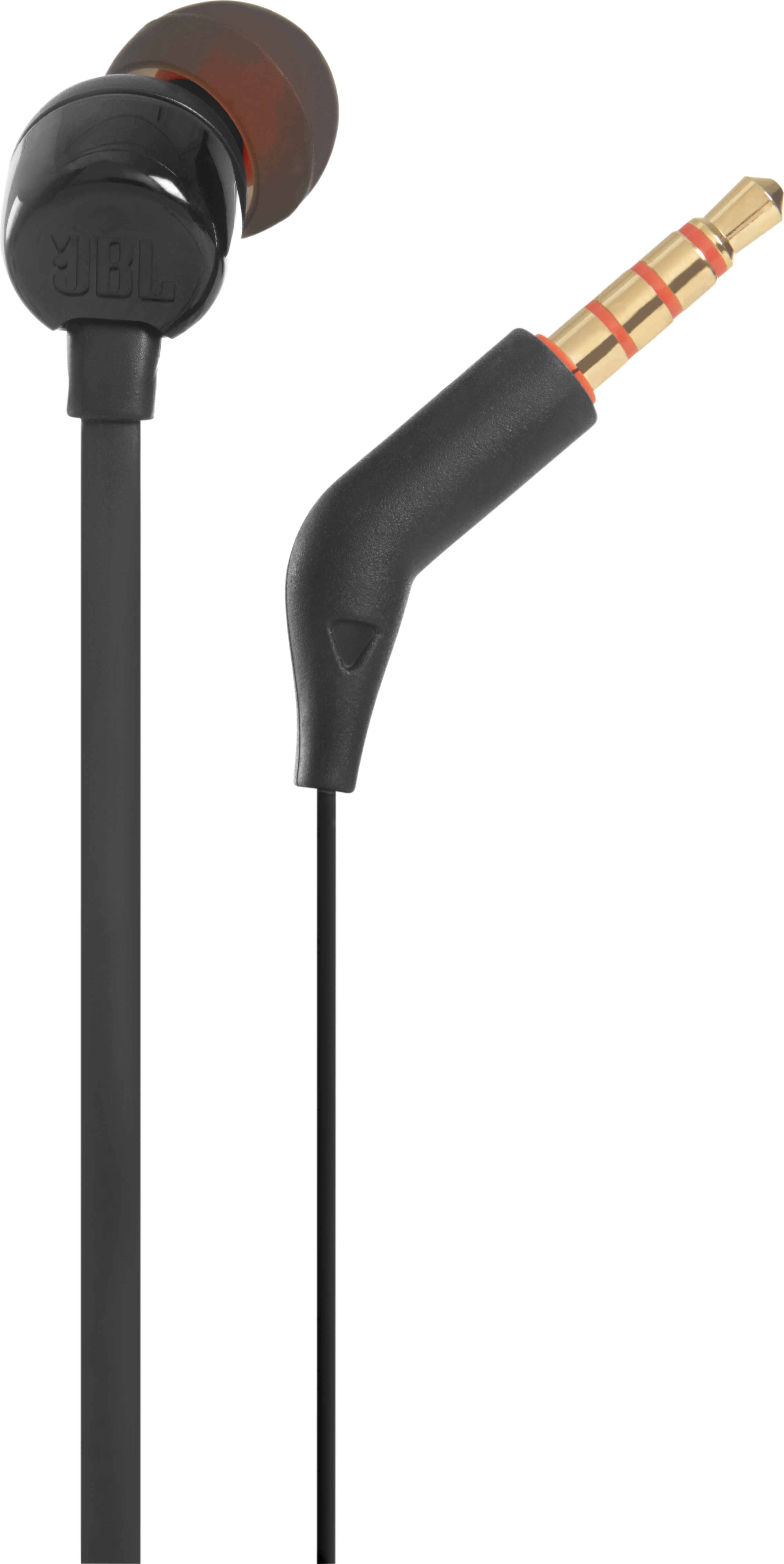 Schwarze In-Ear-Kopfhörer mit schwarzem Kabel und vergoldetem Stecker. Die Ohrhörer haben orangefarbene Spitzen.