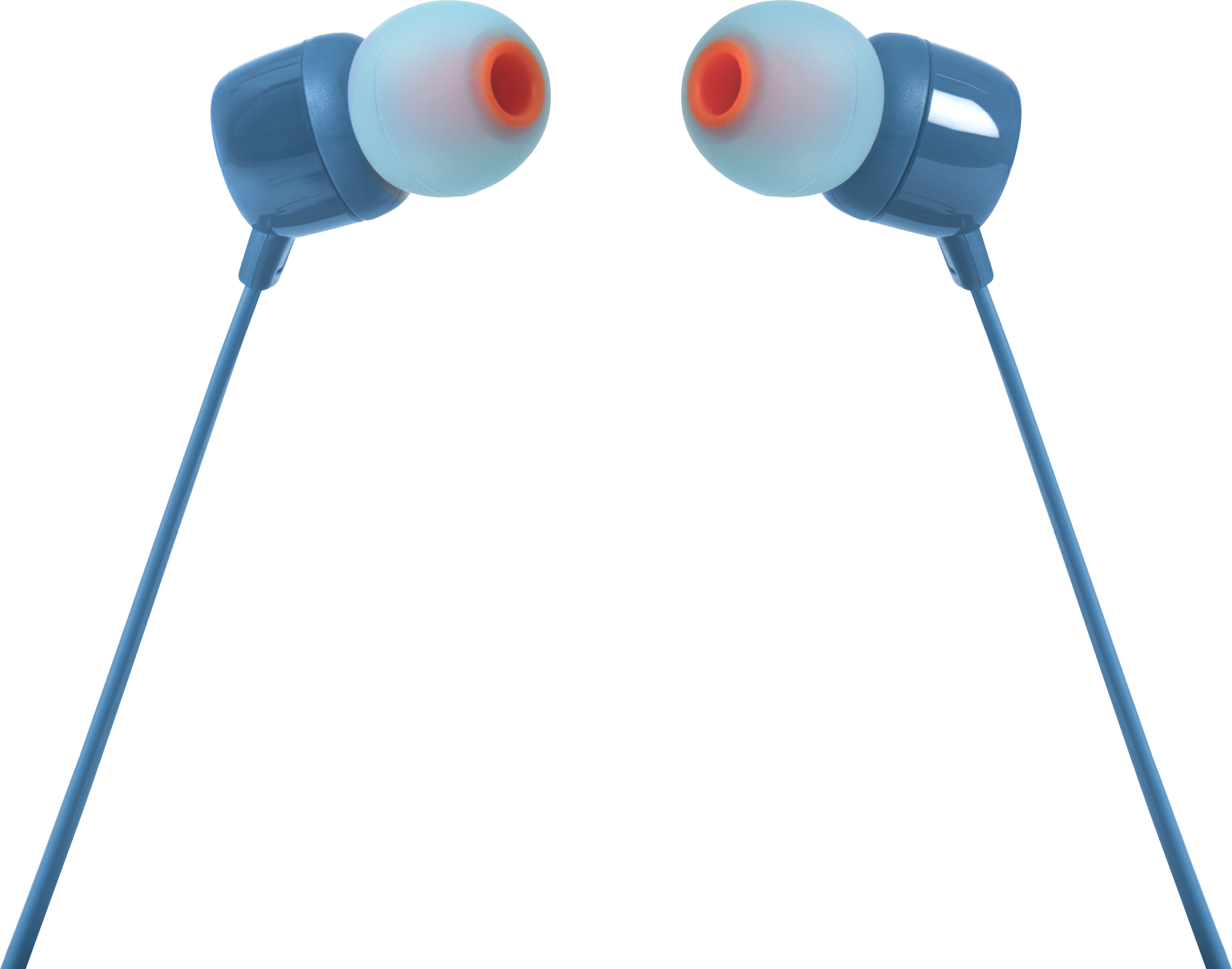 Blaue In-Ear-Kopfhörer mit blauen Kabeln und orangefarbenen Spitzen.