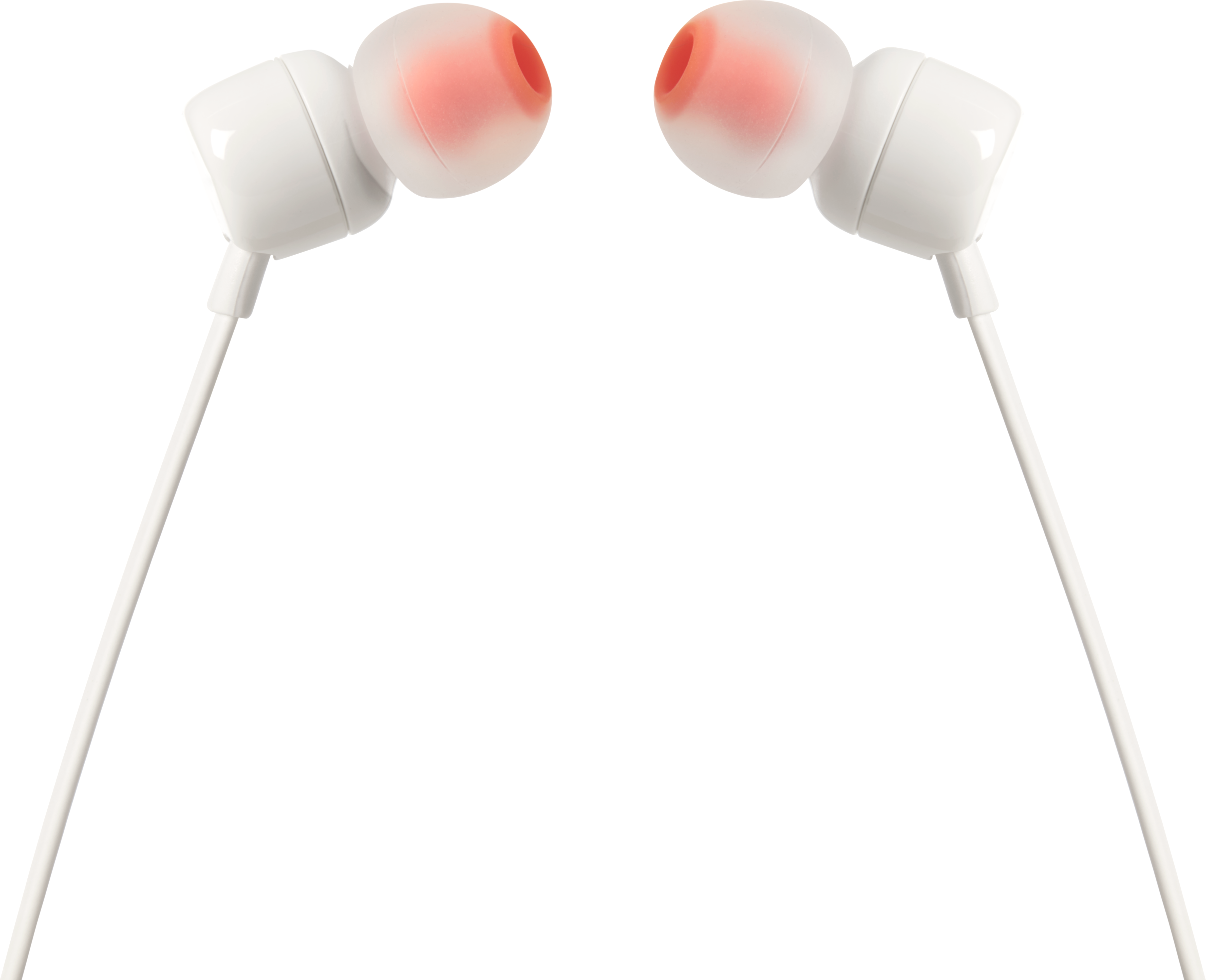 Weiße In-Ear-Kopfhörer mit weißen Kabeln und orangefarbenen Spitzen.