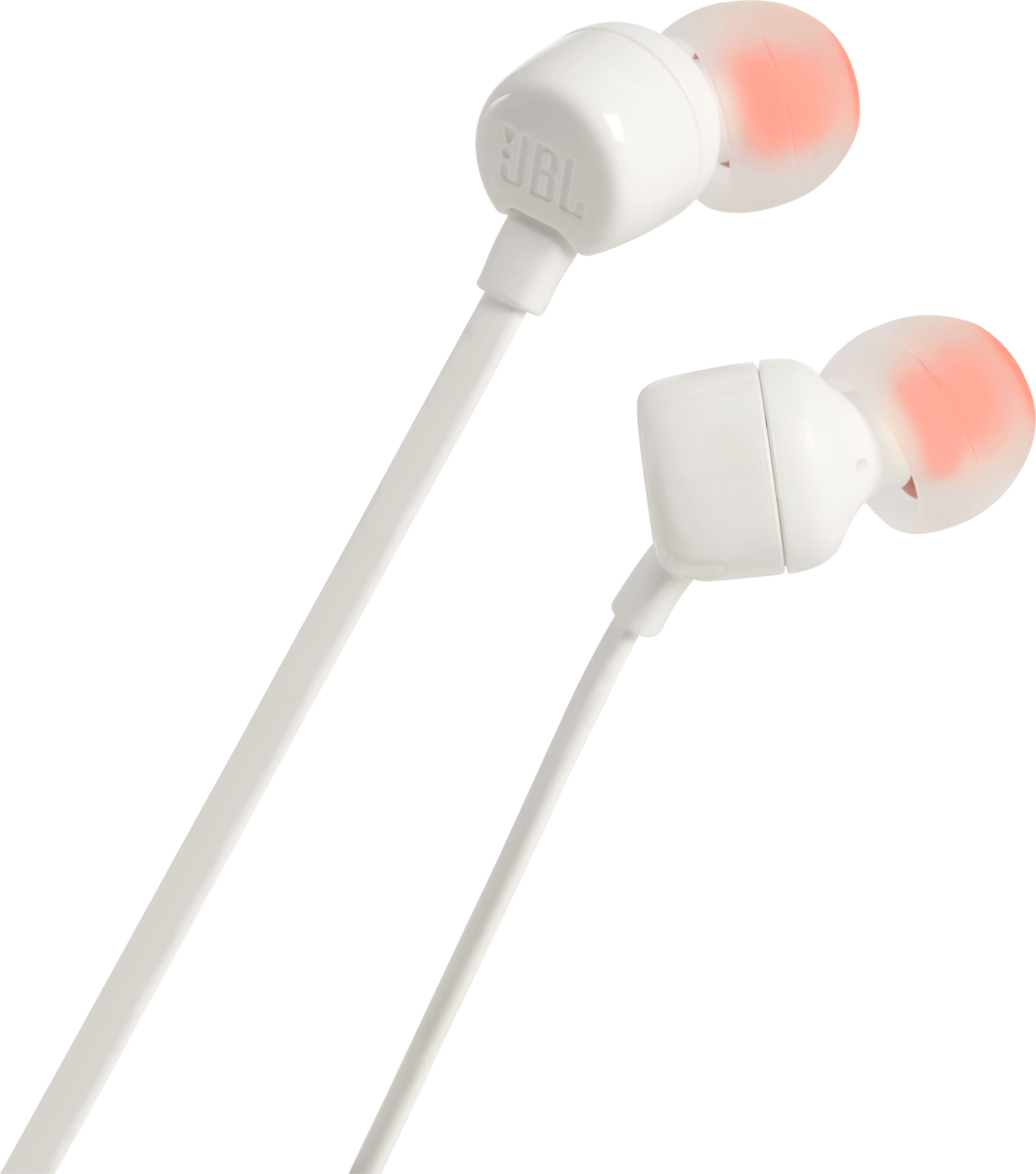 Weiße In-Ear-Kopfhörer mit weißen Kabeln und orangefarbenen Spitzen. Ein Ohrhörer ist sichtbar.