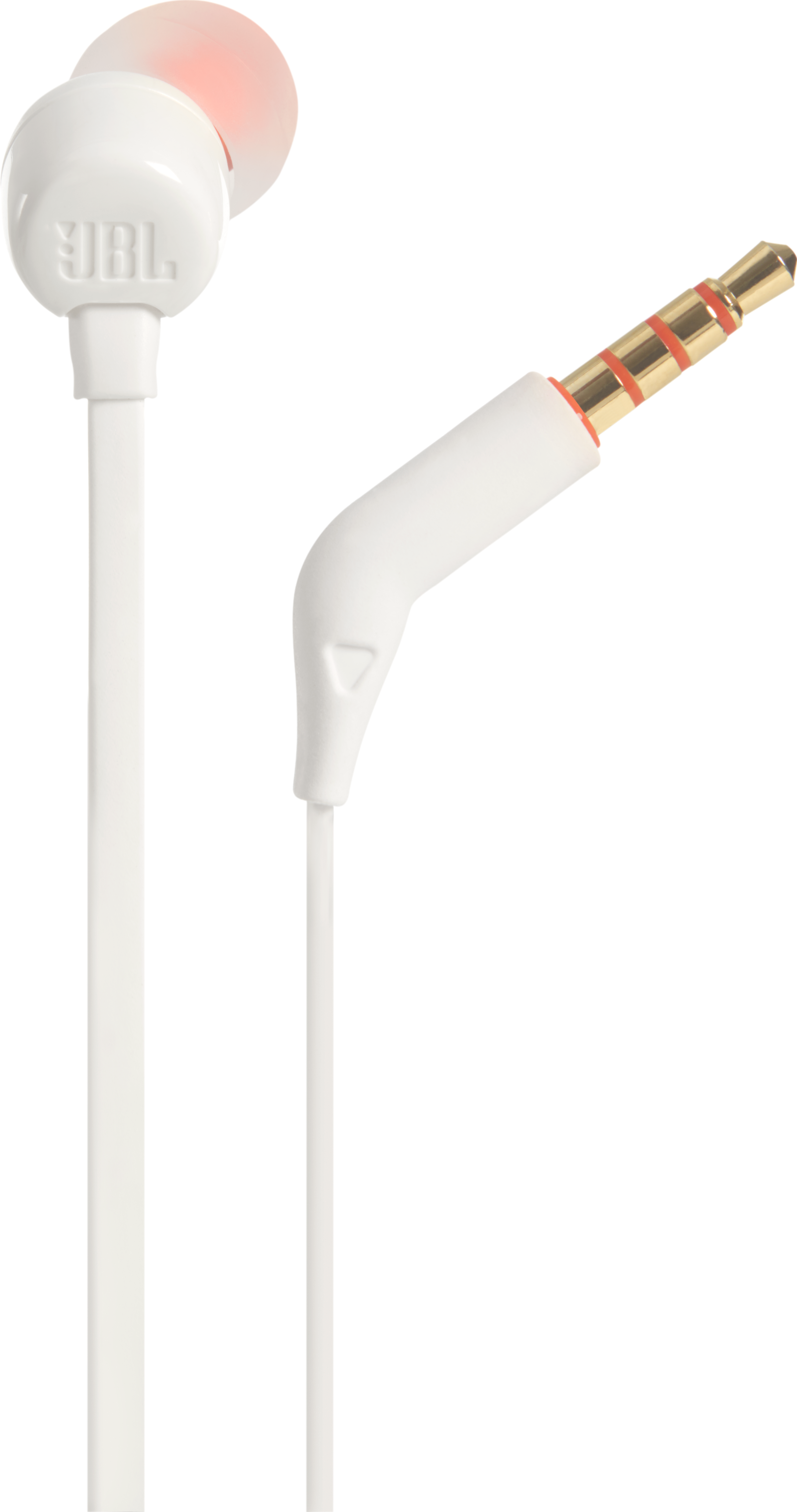 Weiße JBL-Ohrhörer mit orangefarbenen Spitzen und einem 3,5-mm-Klinkenstecker auf weißem Hintergrund.