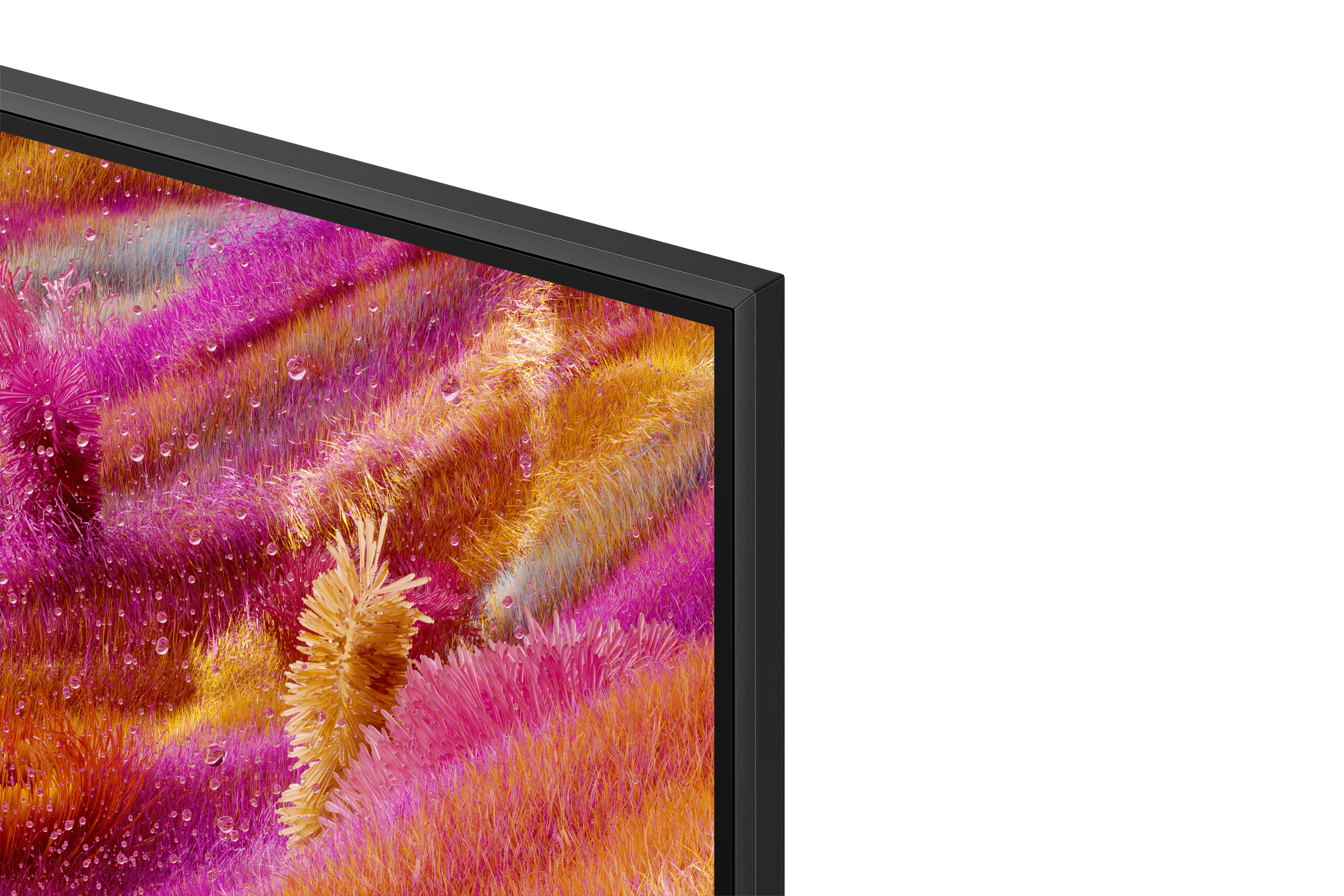 Nahaufnahme einer Fernsehecke mit schwarzem Rahmen und einem bunten, floralen Muster auf dem Bildschirm.