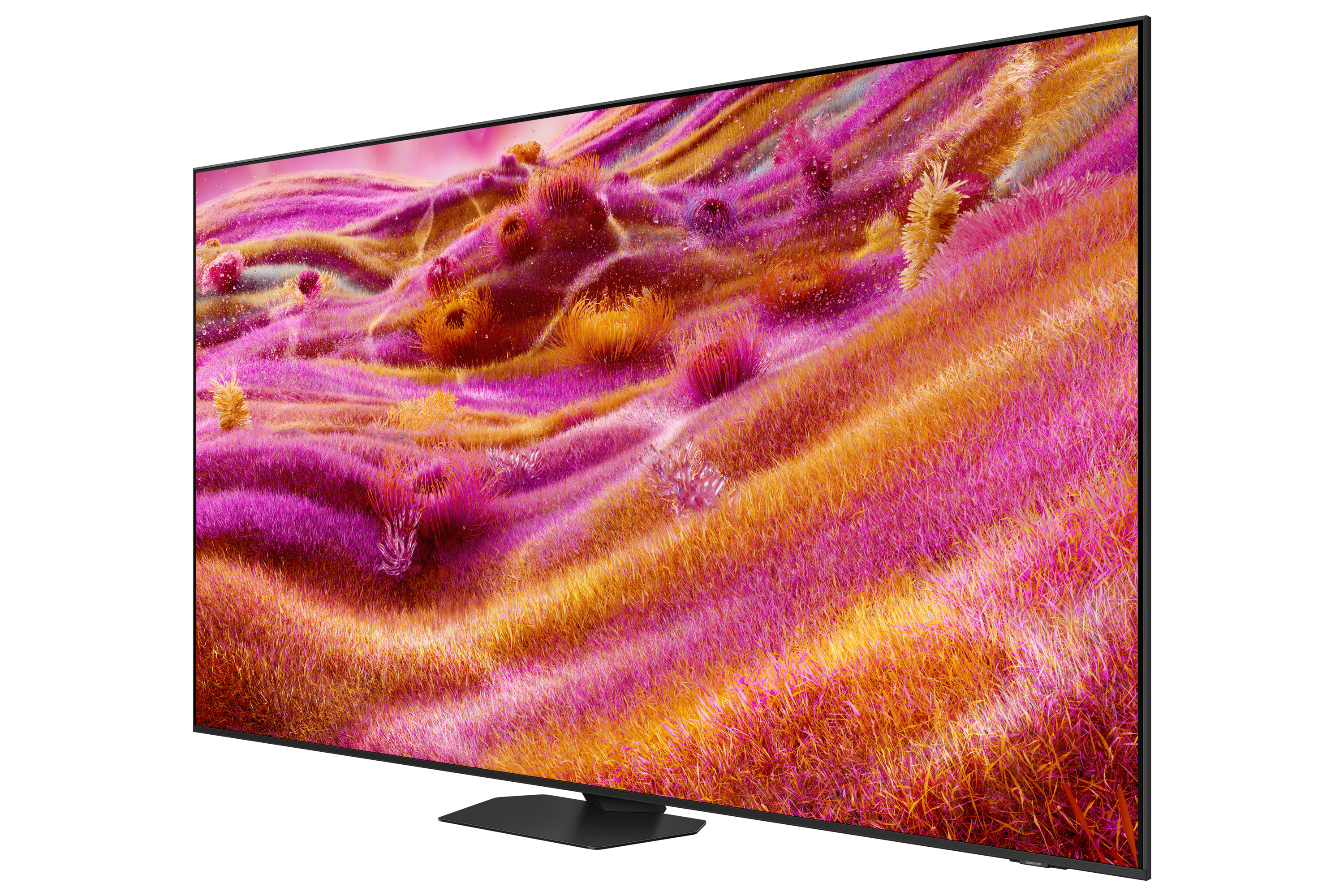 Ein Fernseher, der von der Seite betrachtet wird, zeigt ein buntes Feld auf dem Bildschirm.