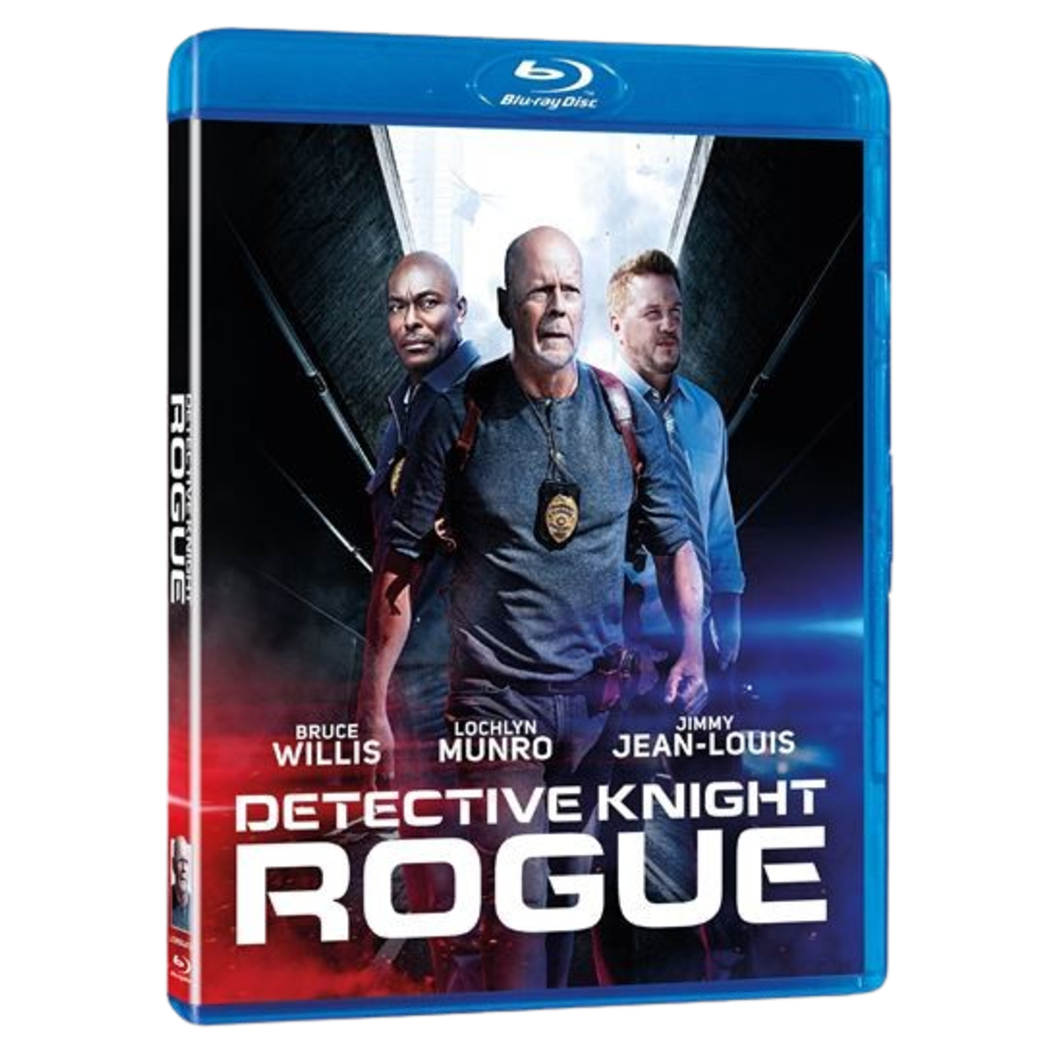 Blu-ray-hoes van 'Detective Knight: Rogue'. Bruce Willis en twee andere mannen.
