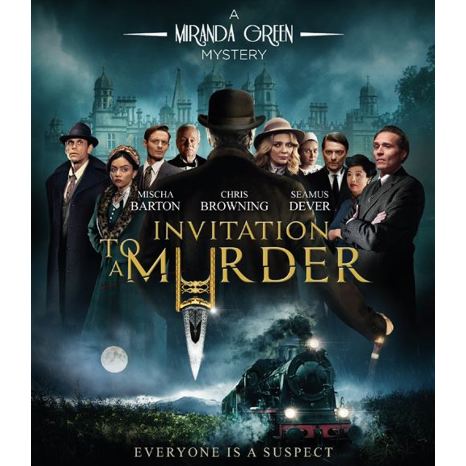 Filmposter met een groep mensen voor een kasteel en een trein.