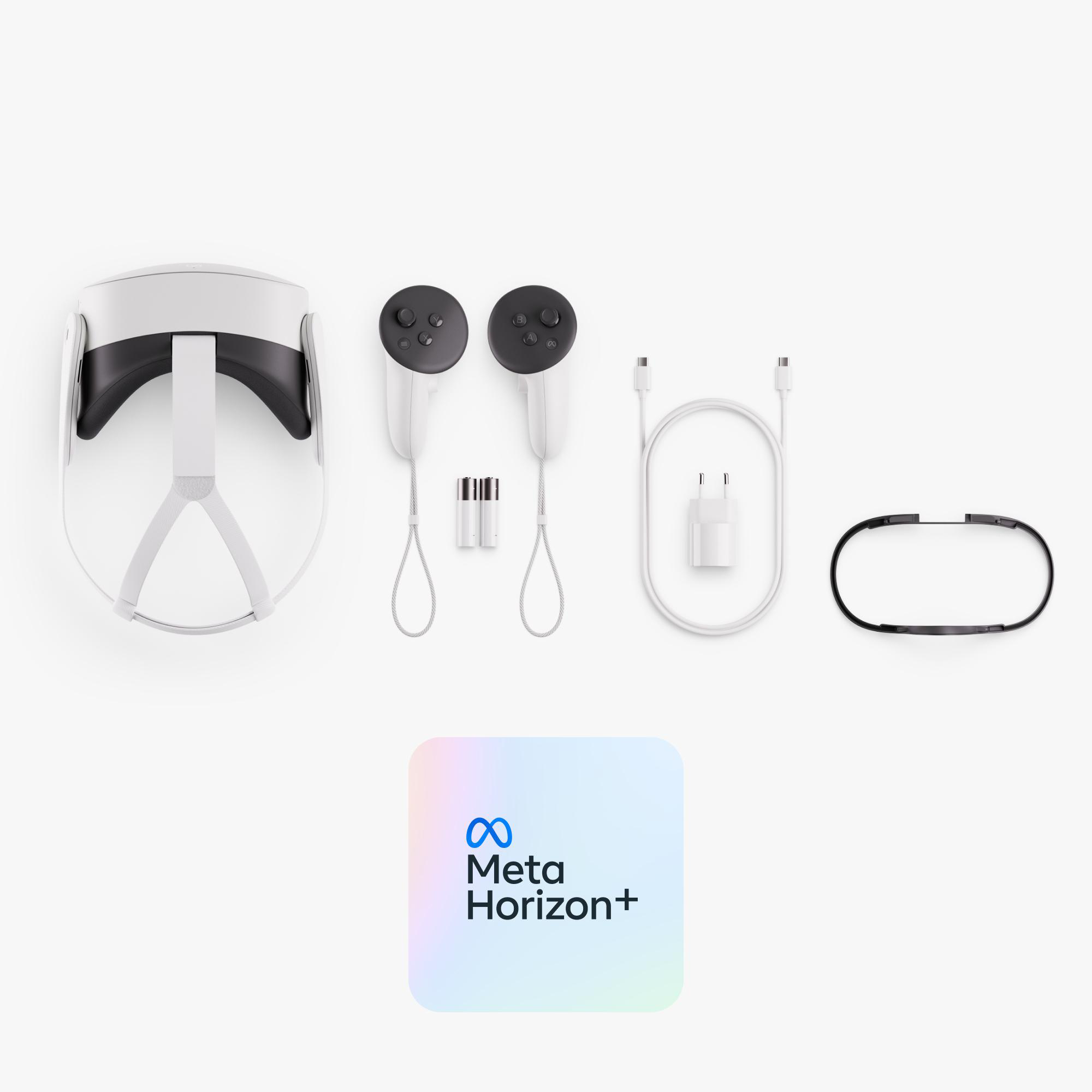 Eine weiße VR-Brille, zwei Controller, ein Ladegerät und ein Stirnband auf hellem Hintergrund.