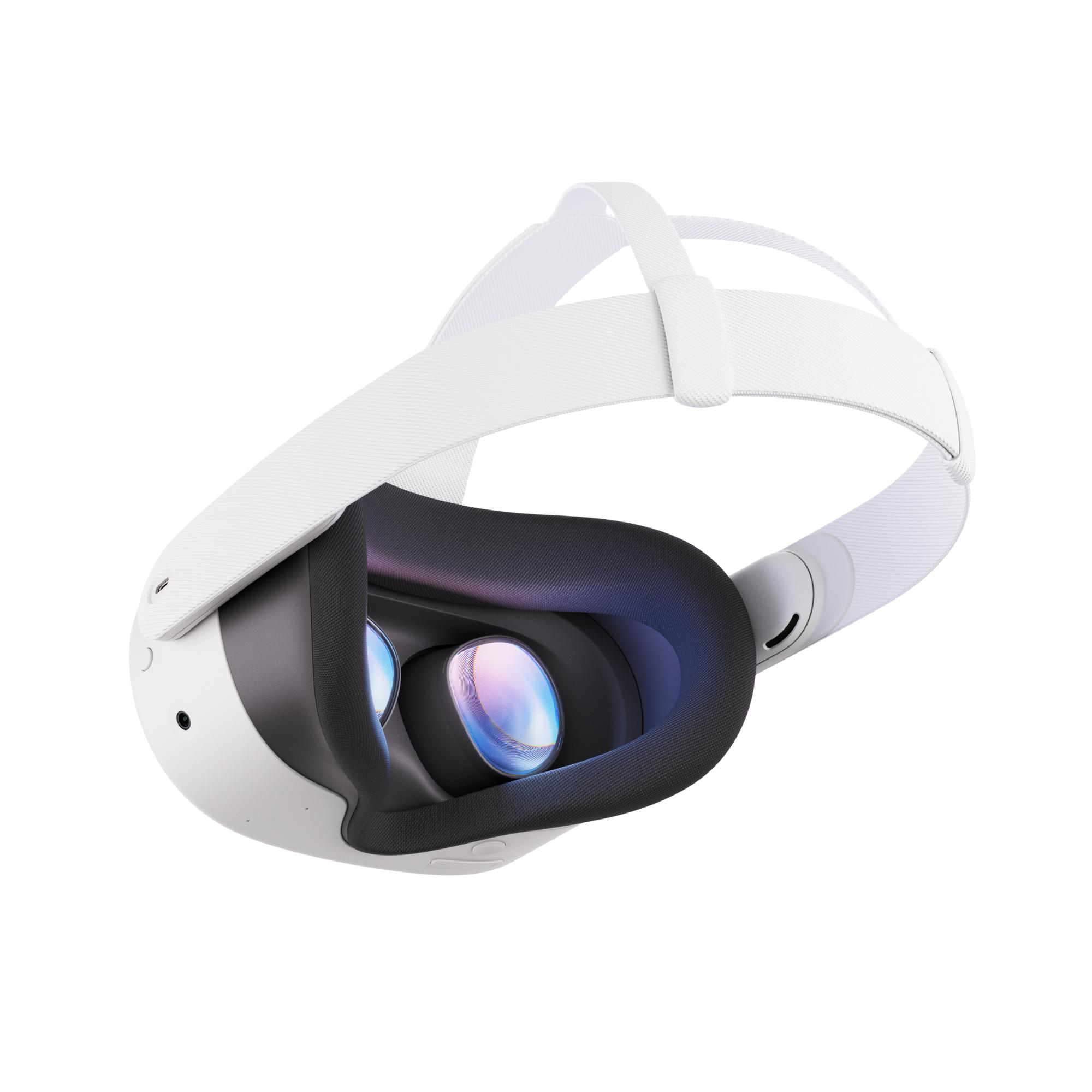 Weiße VR-Brille mit Controllern, Ansicht von vorne.