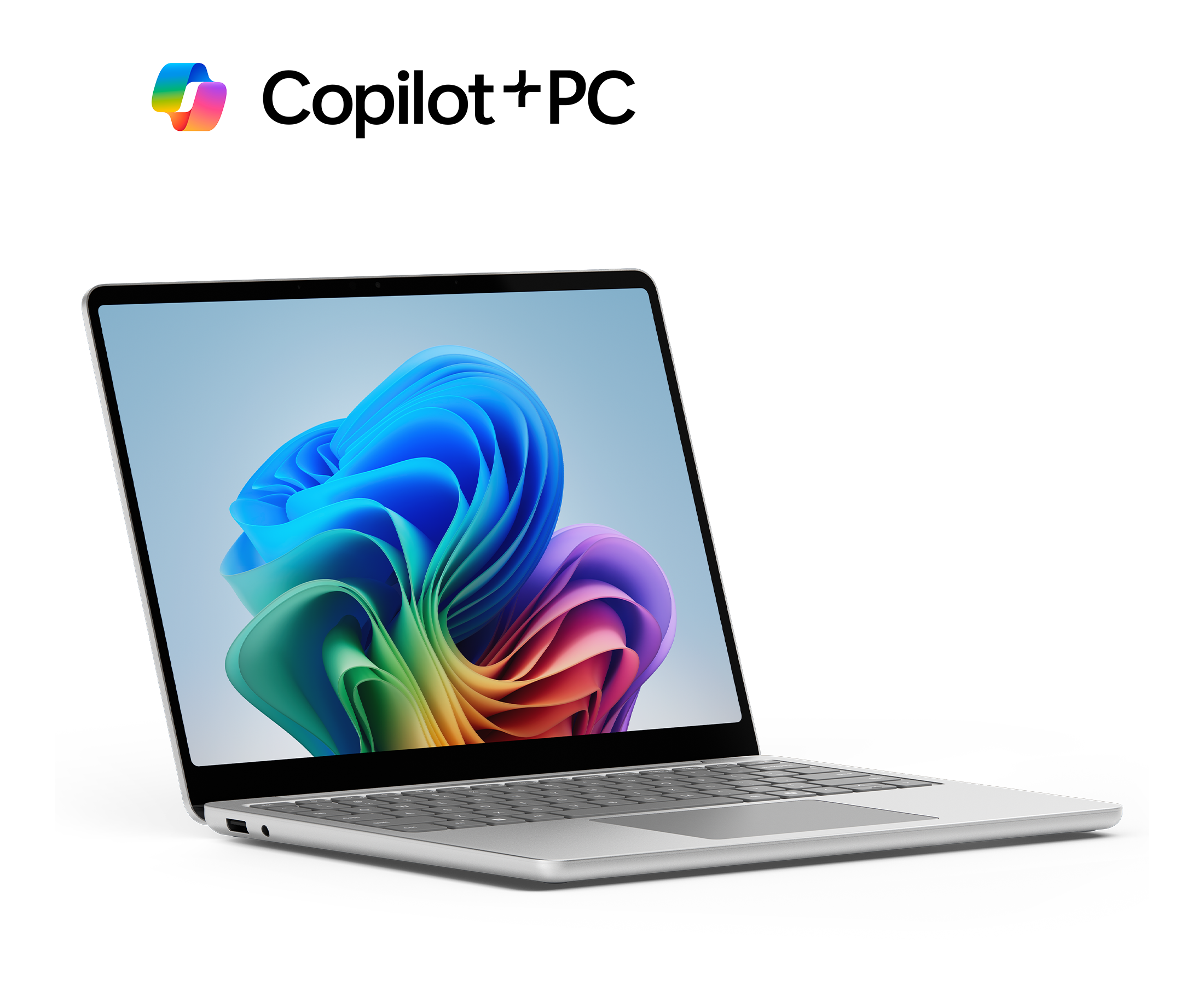 Ein silberner Laptop mit geöffnetem Bildschirm, auf dem ein farbenfrohes Logo zu sehen ist.