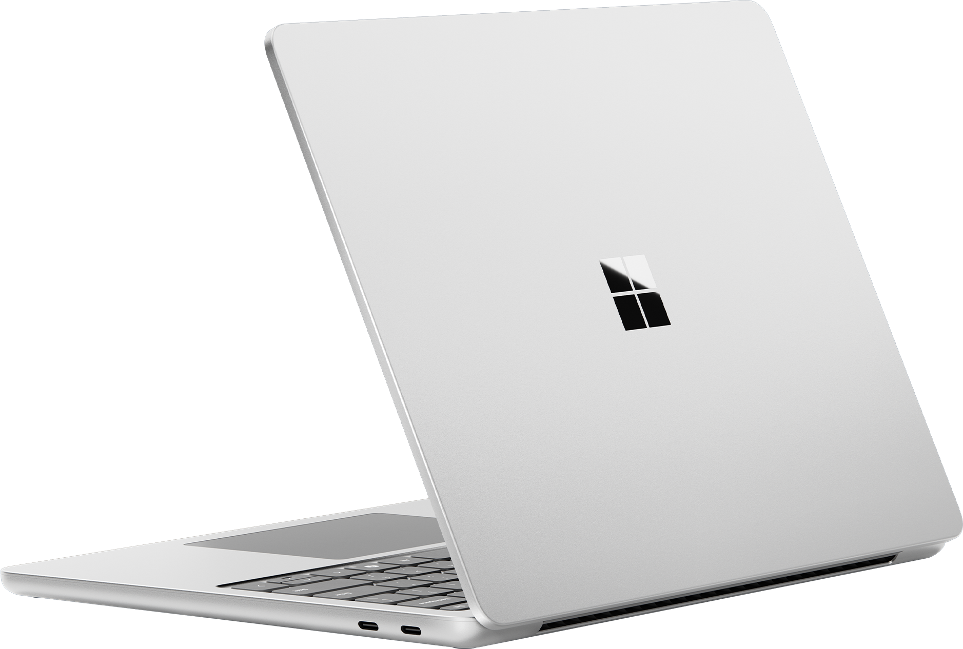 Silberner Laptop, geöffnet, mit schwarzem Bildschirm. Microsoft-Logo.