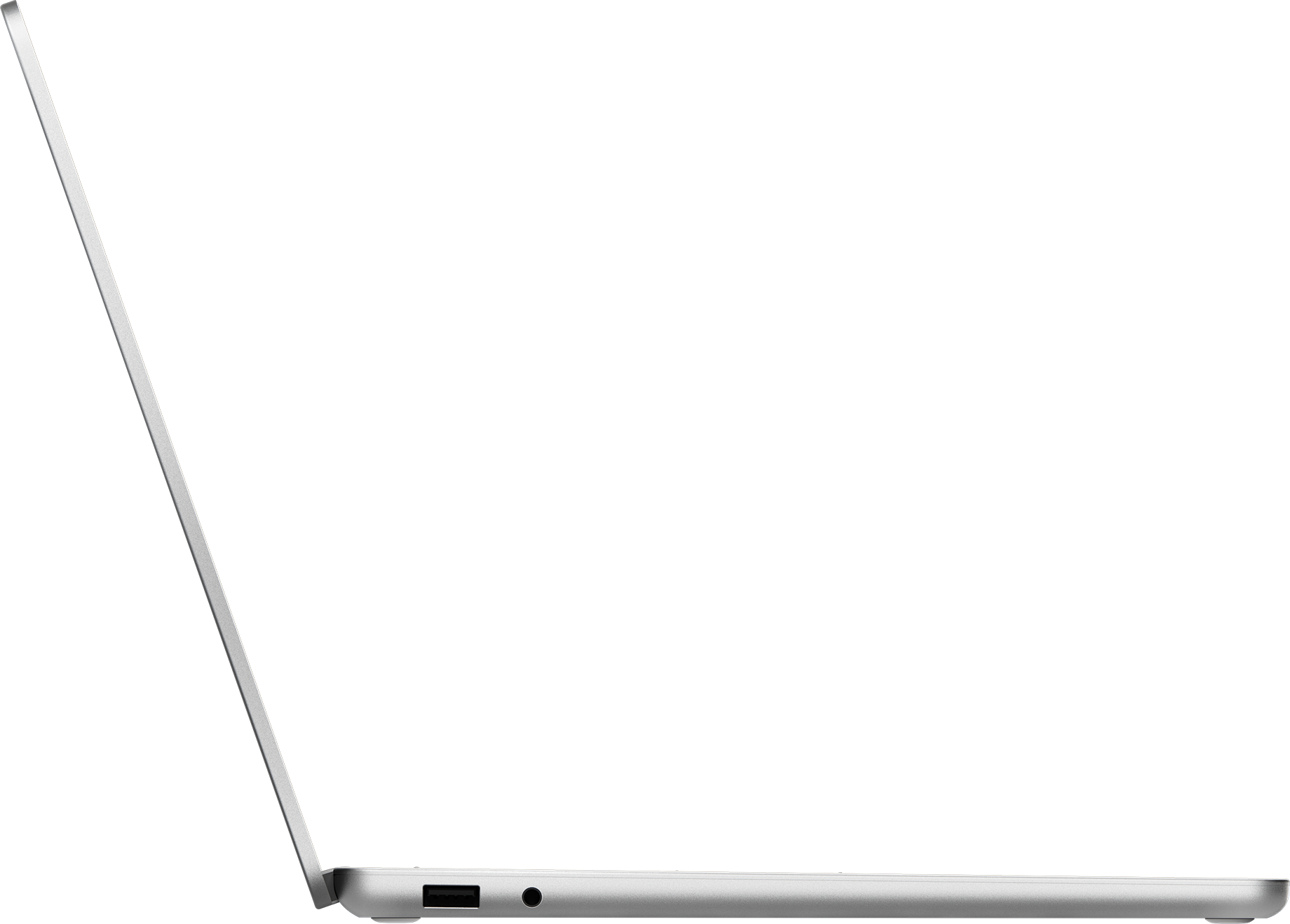 Seitenansicht eines silbernen Laptops mit geöffnetem Bildschirm.