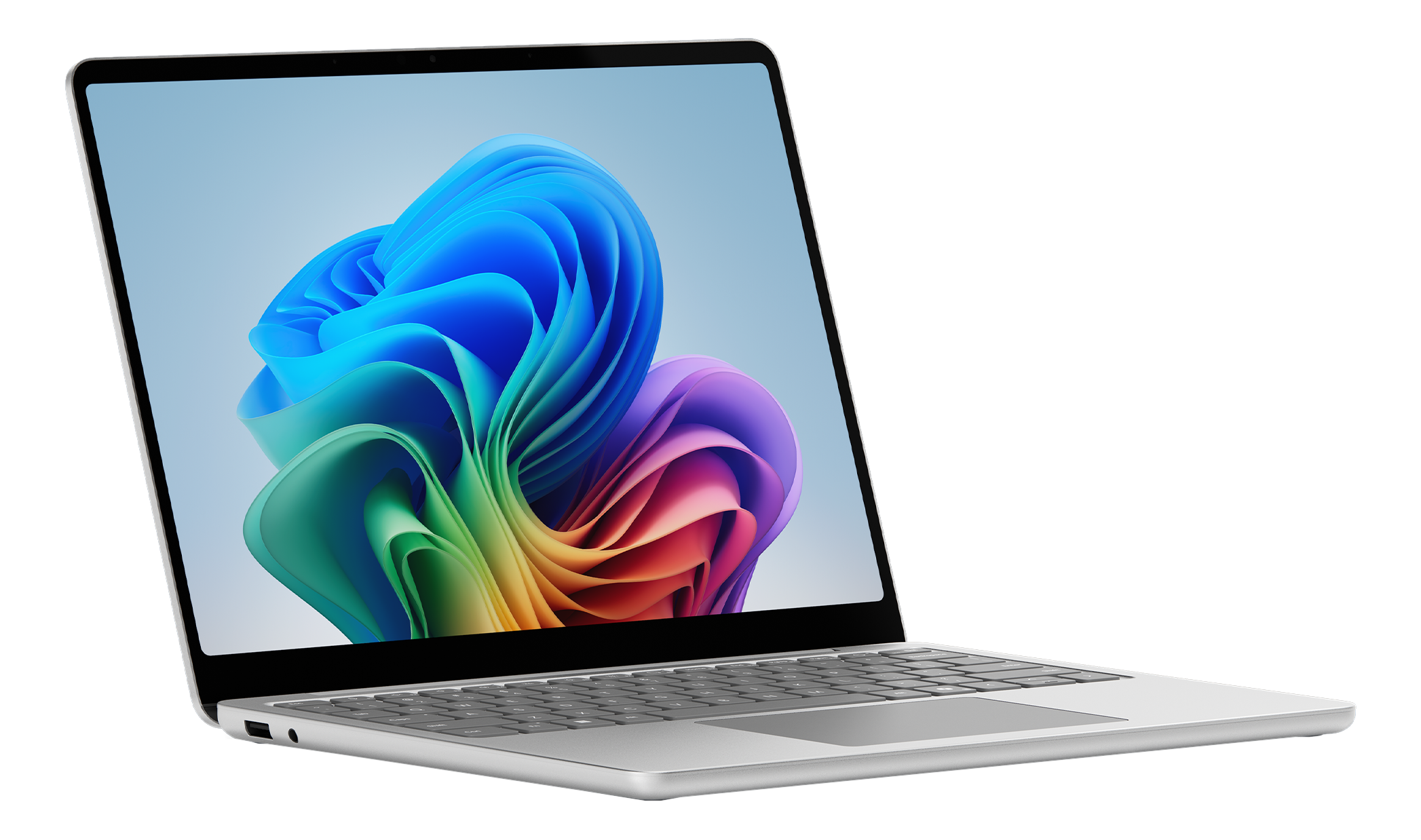 Un laptop argentato con schermo aperto che mostra un motivo astratto e colorato.