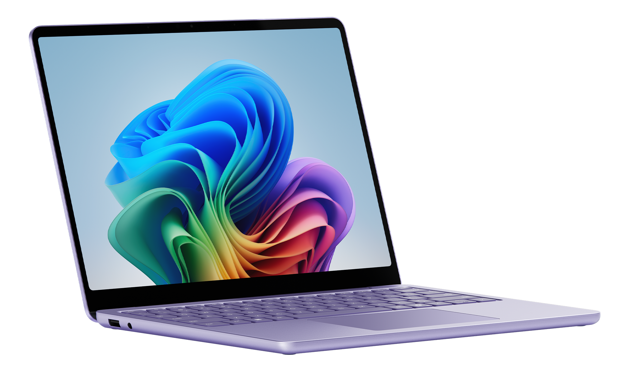 Un laptop viola con uno sfondo schermo astratto e colorato. Sfondo nero.