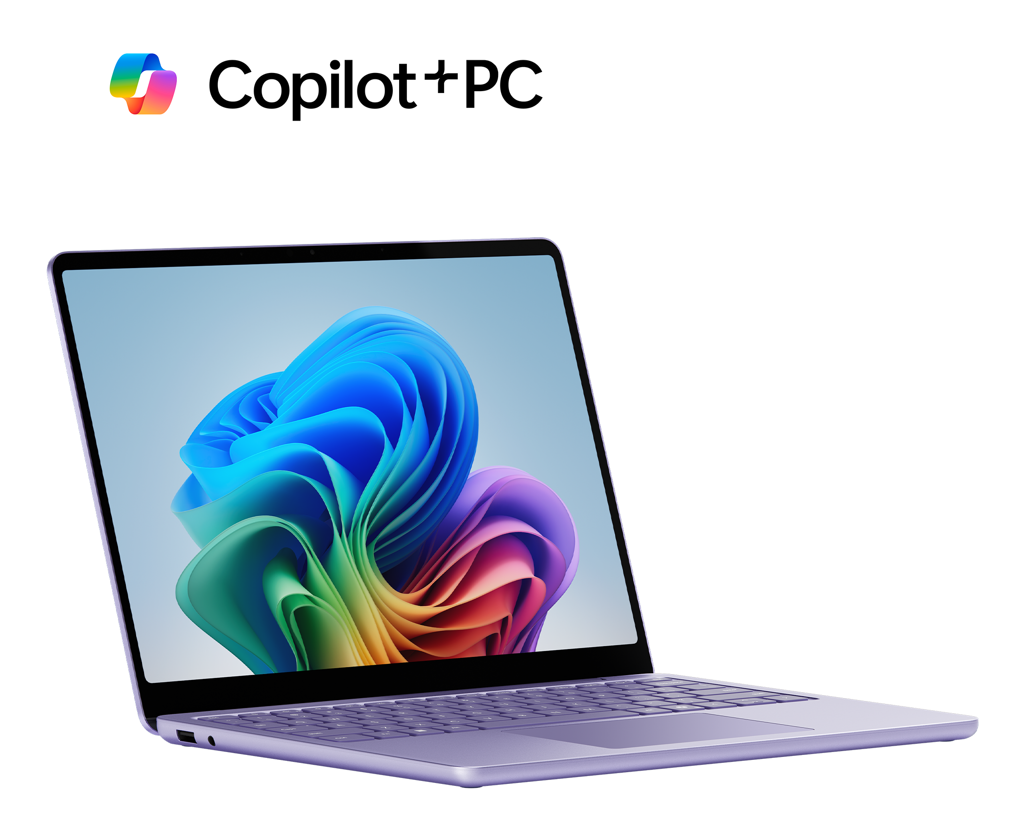 Un laptop viola con uno sfondo schermo colorato e un logo. Sfondo nero.
