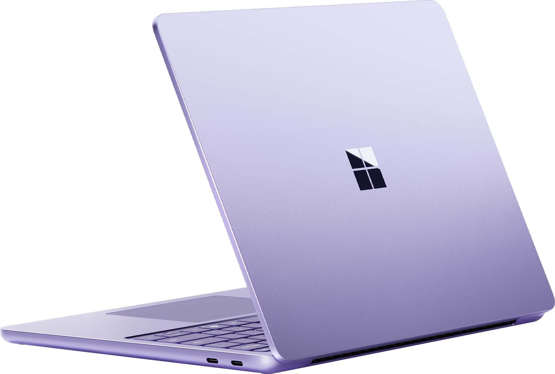 Vista posteriore di un laptop viola con logo su sfondo nero.