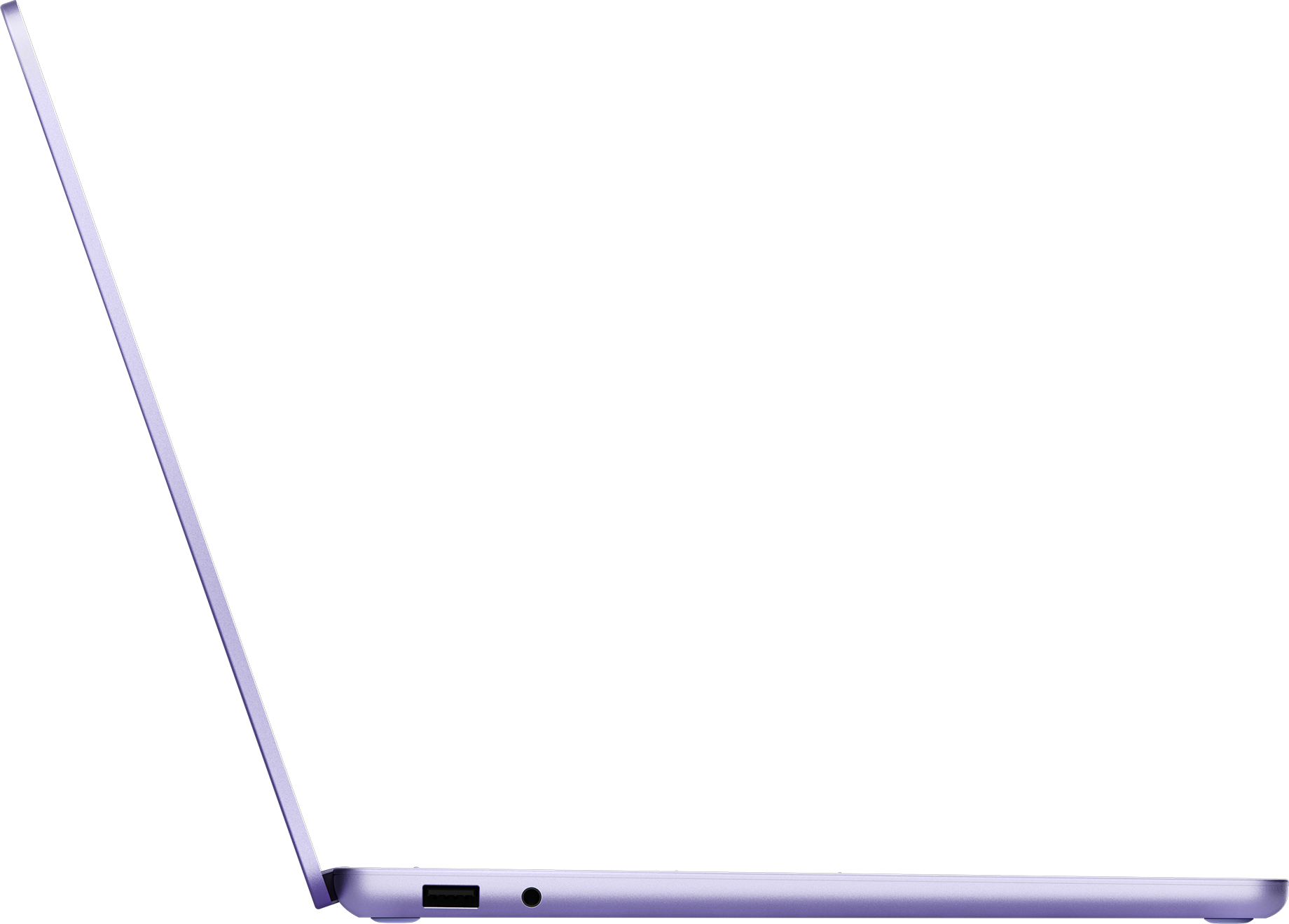Un laptop viola visto di lato con schermo aperto. Sfondo nero.