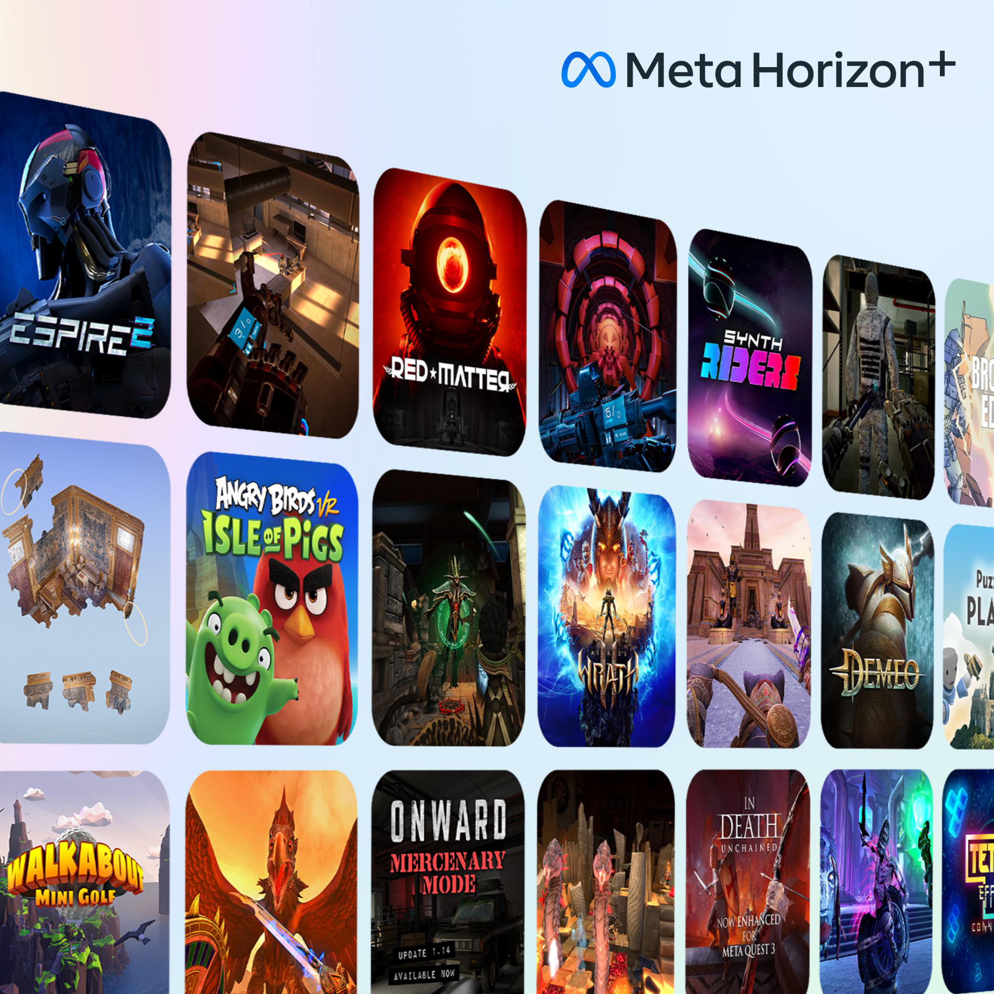 Verschiedene Meta Horizon+ Spiele-Miniaturansichten werden nebeneinander angezeigt.
