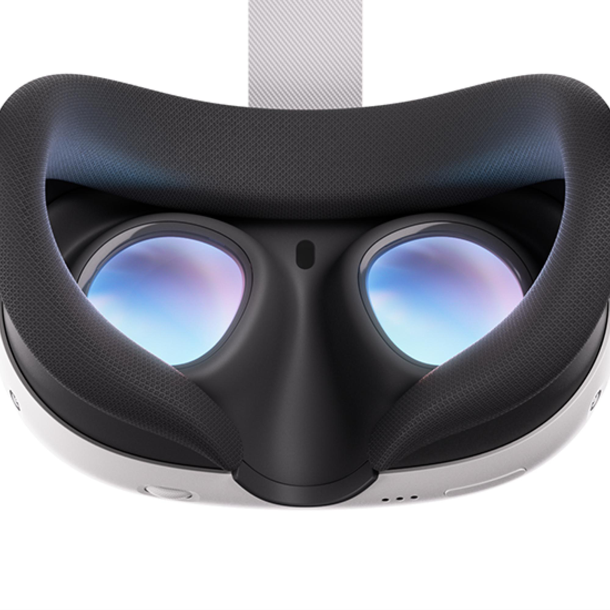 Nahaufnahme eines VR-Headsets mit schwarzen Augenpolstern und blauen Linsen.