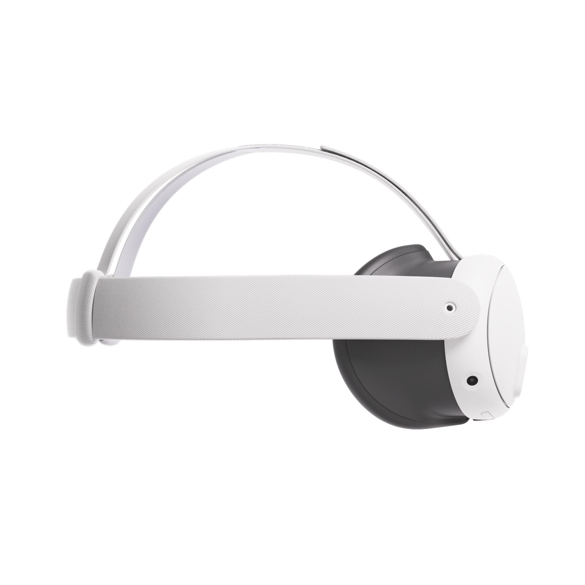 Seitenansicht eines weißen VR-Headsets mit einem schwarzen Teil und einem Kopfband.