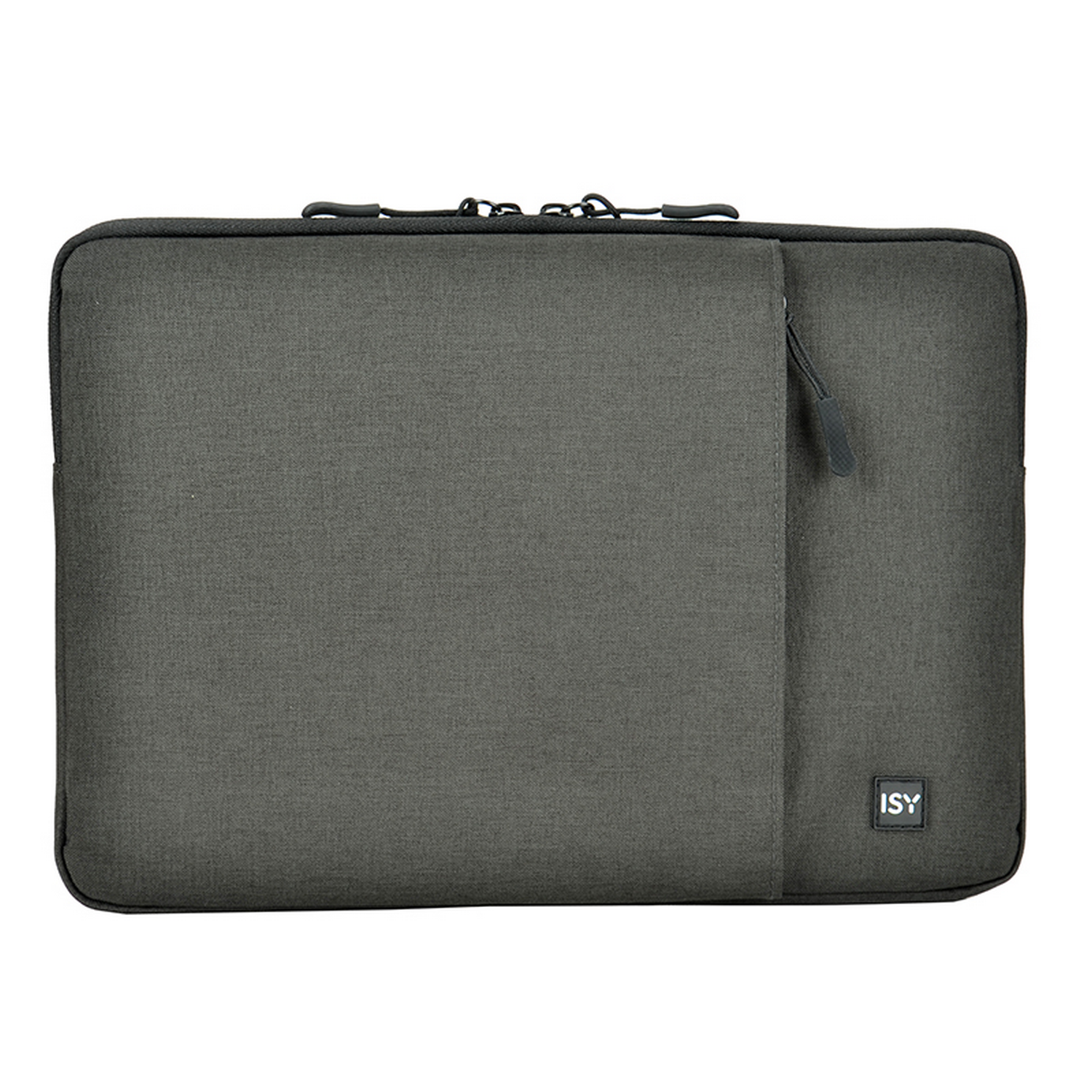 Una funda gris para portátil con cremallera y un bolsillo pequeño. El logotipo de ISY es visible en la funda.