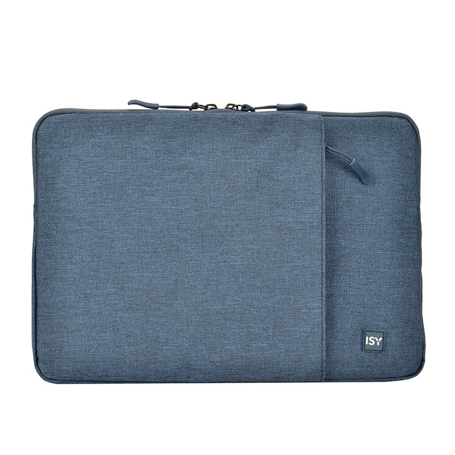 Una funda azul para portátil con cremallera y un bolsillo pequeño. El logotipo de ISY es visible en la funda.
