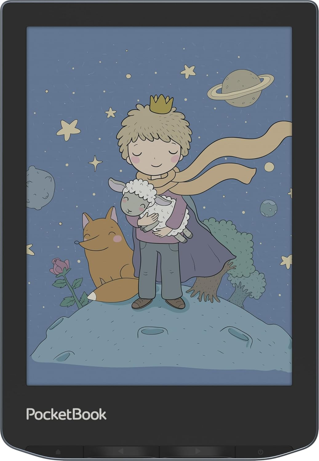 Un joven príncipe con corona sostiene un cordero. Un zorro, una rosa y estrellas están al fondo. La imagen está en un PocketBook.