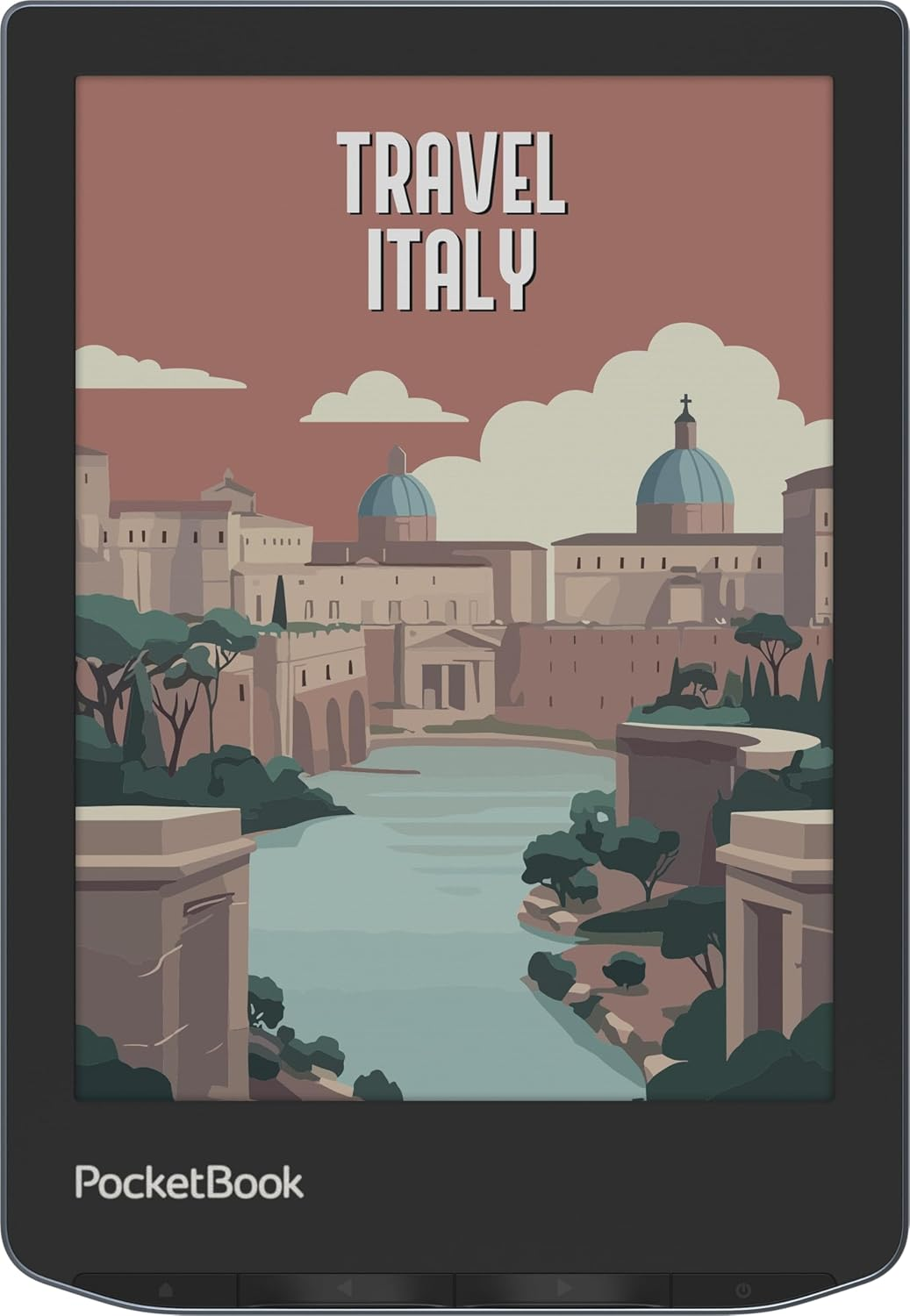 Lector de libros electrónicos muestra un póster de viaje de Italia. Muestra un paisaje urbano con cúpulas azules, un río y las palabras 'Travel Italy'.