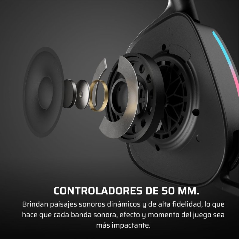 Vista explota de auriculares negros mostrando componentes. Incluye un anillo dorado, partes plateadas y un altavoz negro.