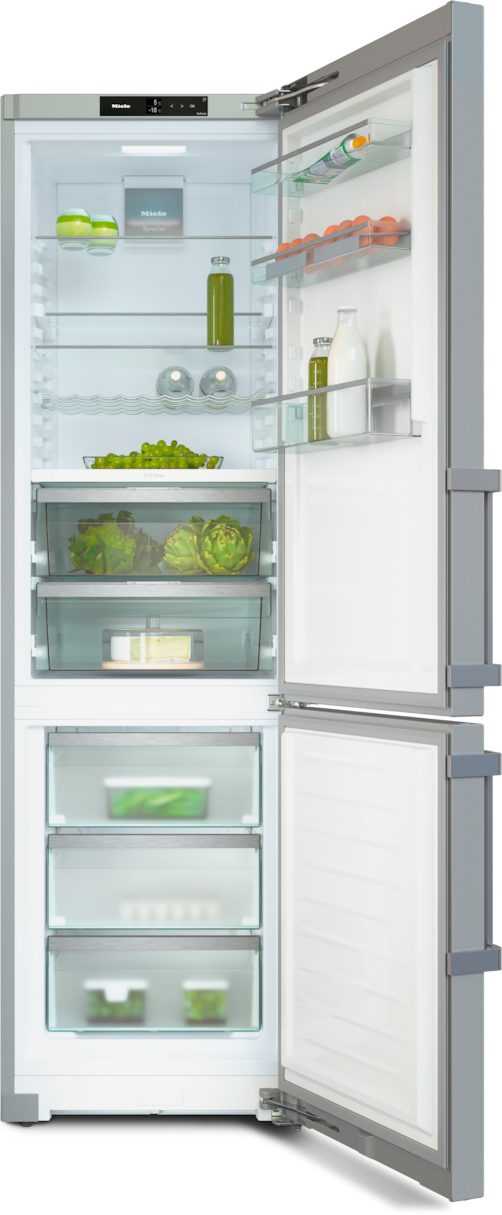 Un refrigerador con la puerta abierta. En los estantes se ven alimentos como alcachofas.