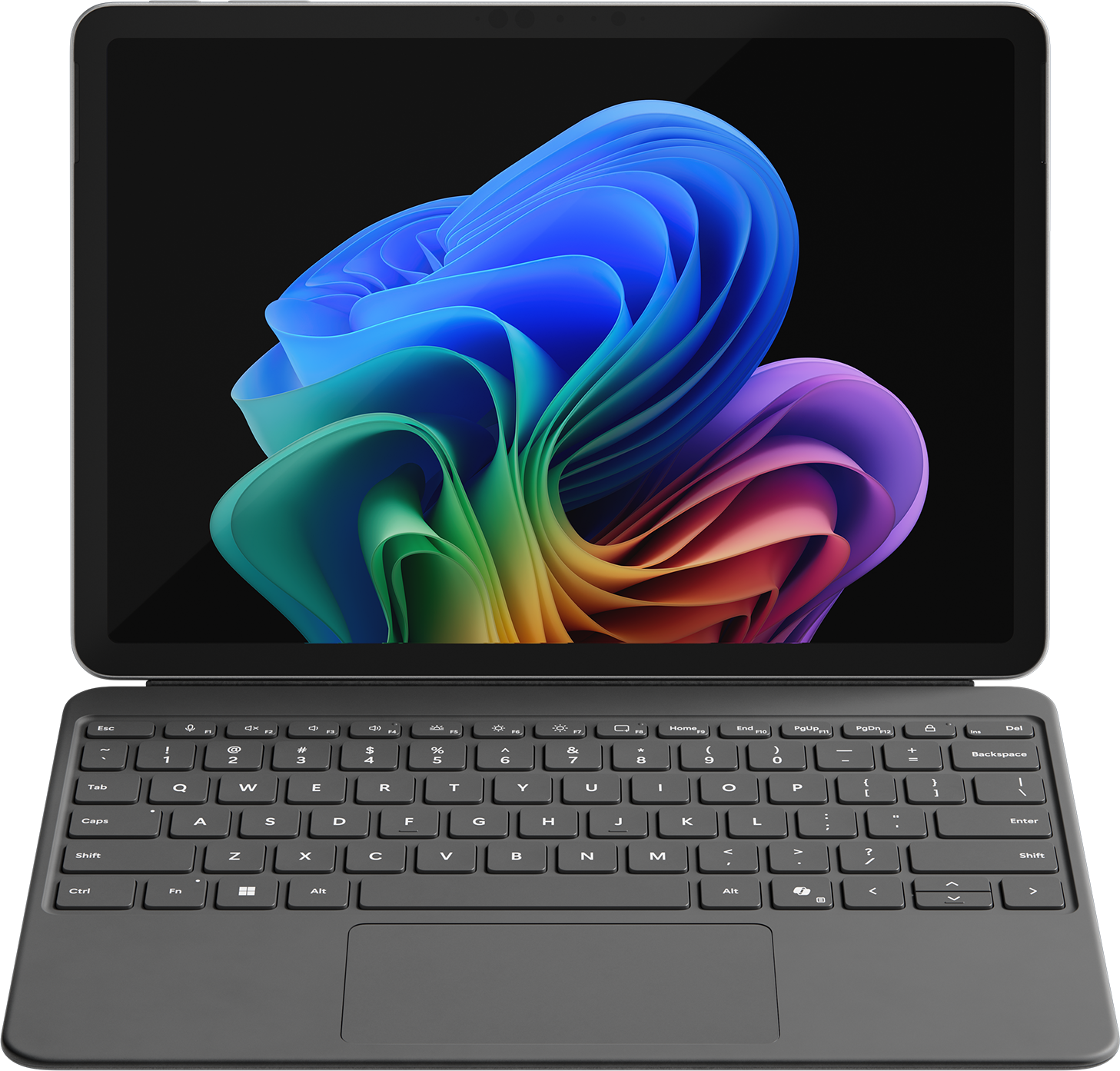 Tablet mit Tastatur und farbenfrohem Hintergrund. Der Bildschirm zeigt abstrakte Wellen in Blau, Grün und Lila.