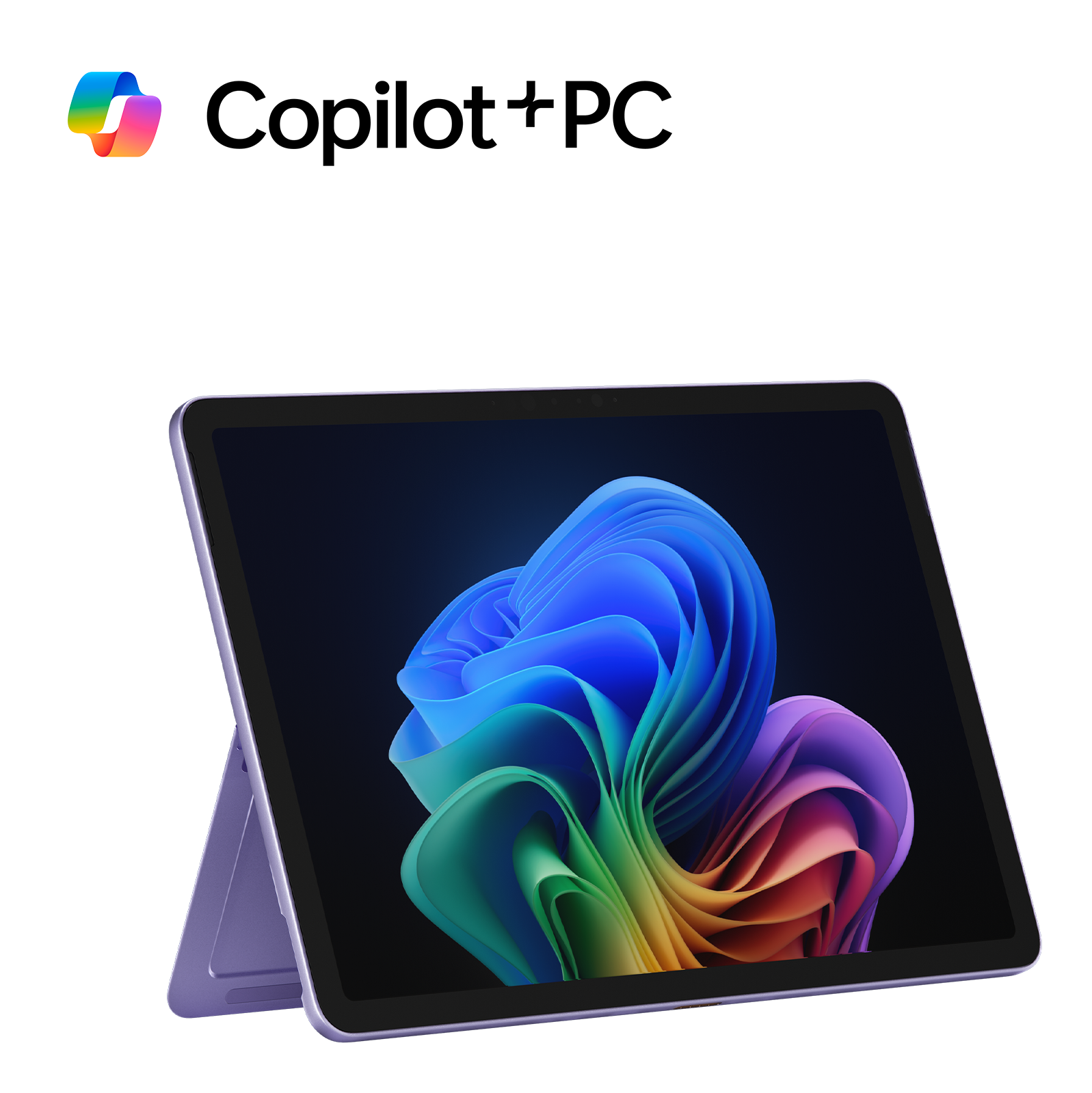 Lila Tablet mit Logo und farbenfrohem Hintergrund. Der Bildschirm zeigt abstrakte Wellen in Blau, Grün und Lila.
