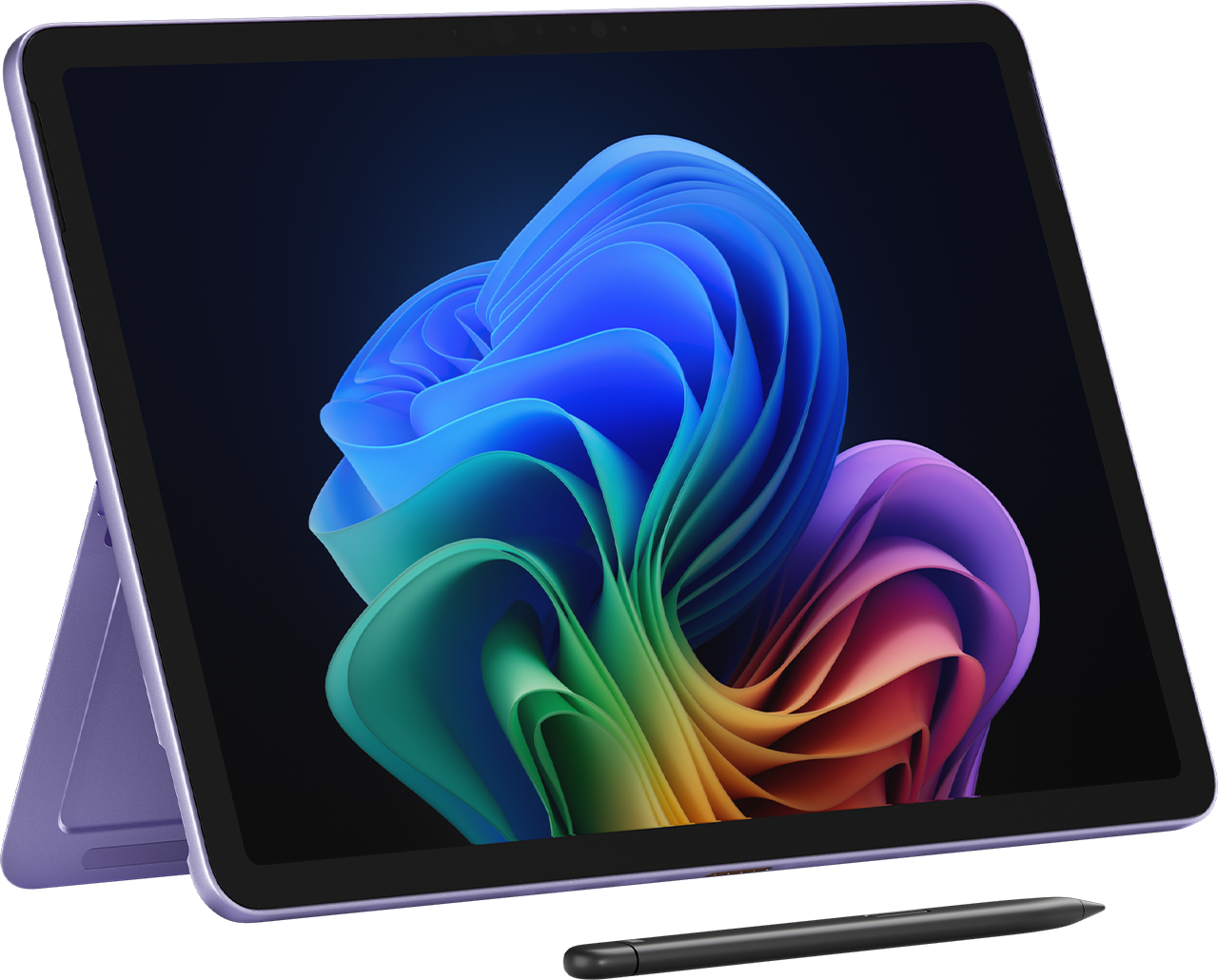 Ein lila Tablet mit schwarzem Stift, das einen bunten, abstrakten Hintergrund zeigt.