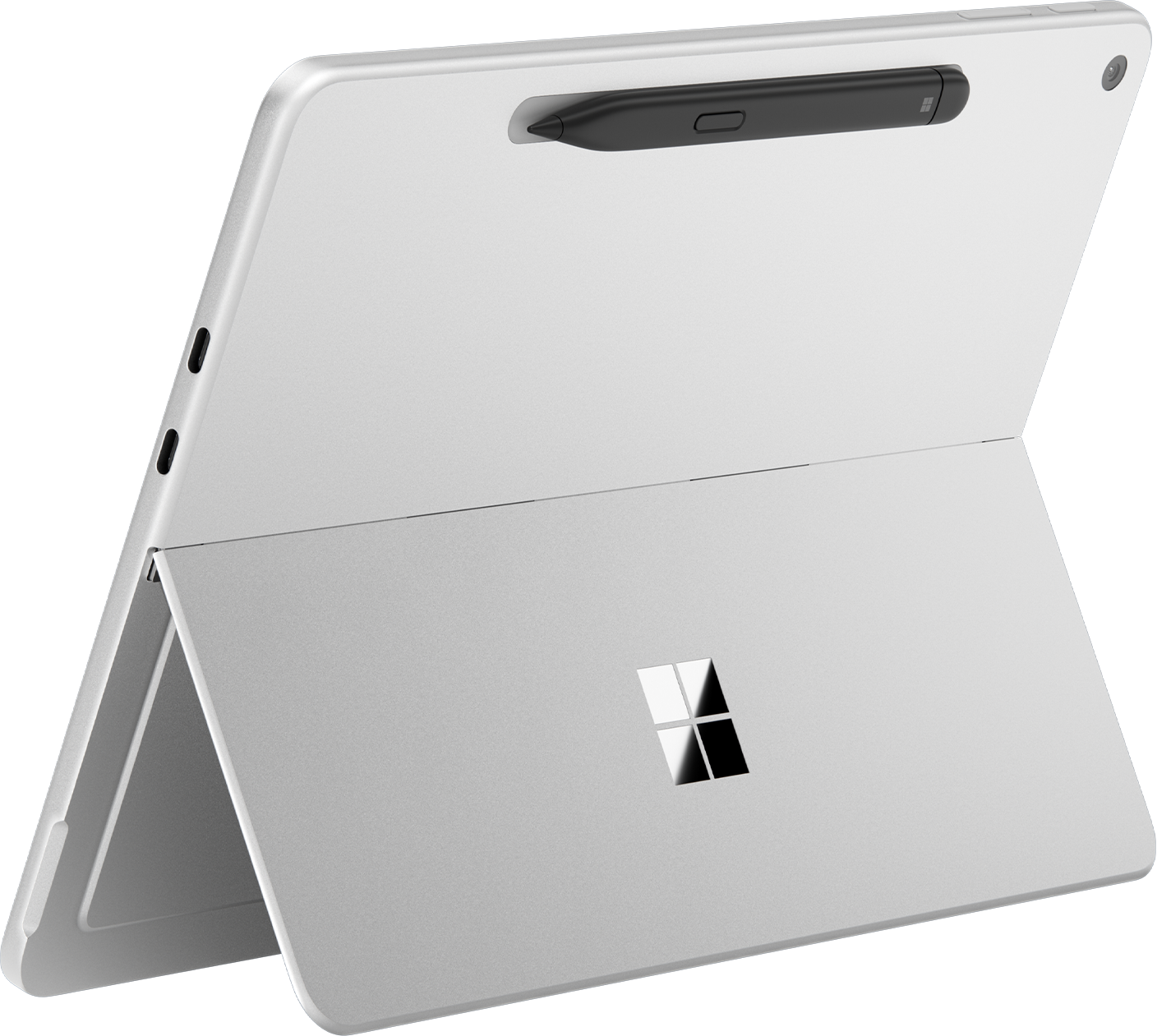 Ein silbernes Tablet mit geöffnetem Ständer, Windows-Logo und Stiftanschluss.