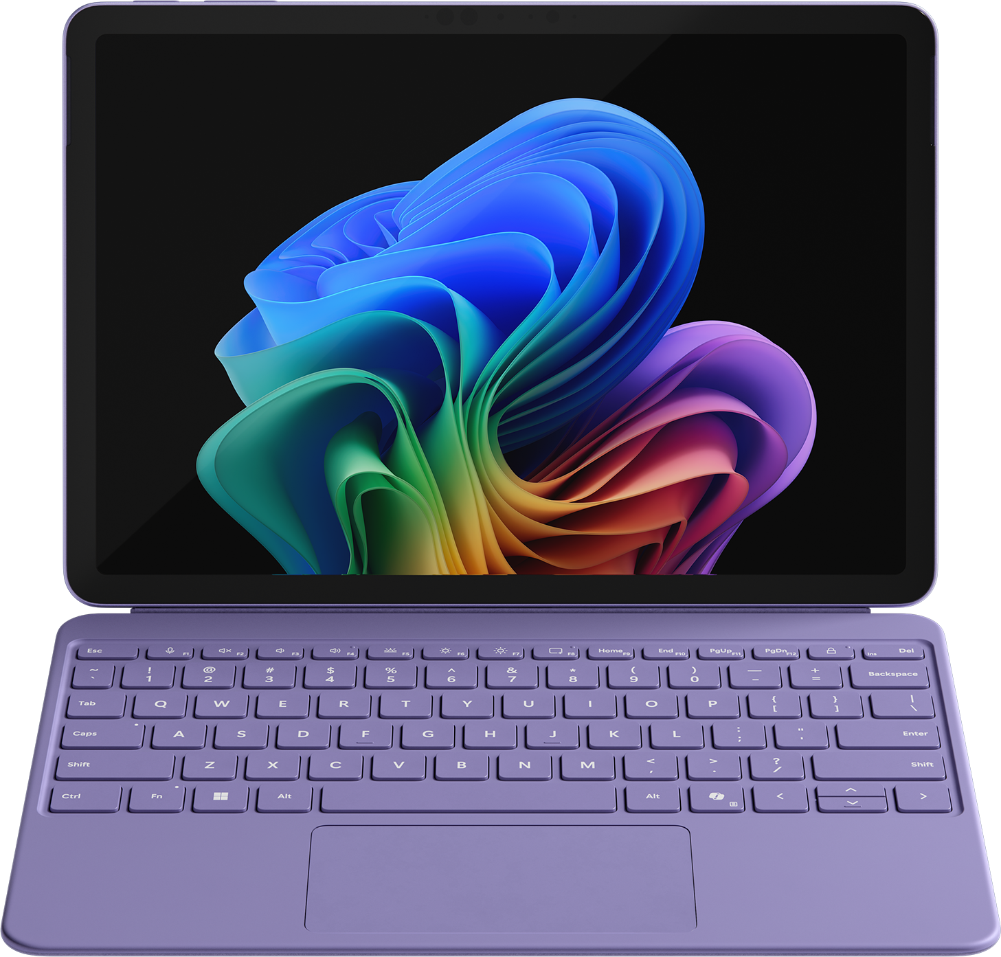 Ein lila Tablet mit Tastatur, das einen bunten, abstrakten Hintergrund zeigt.