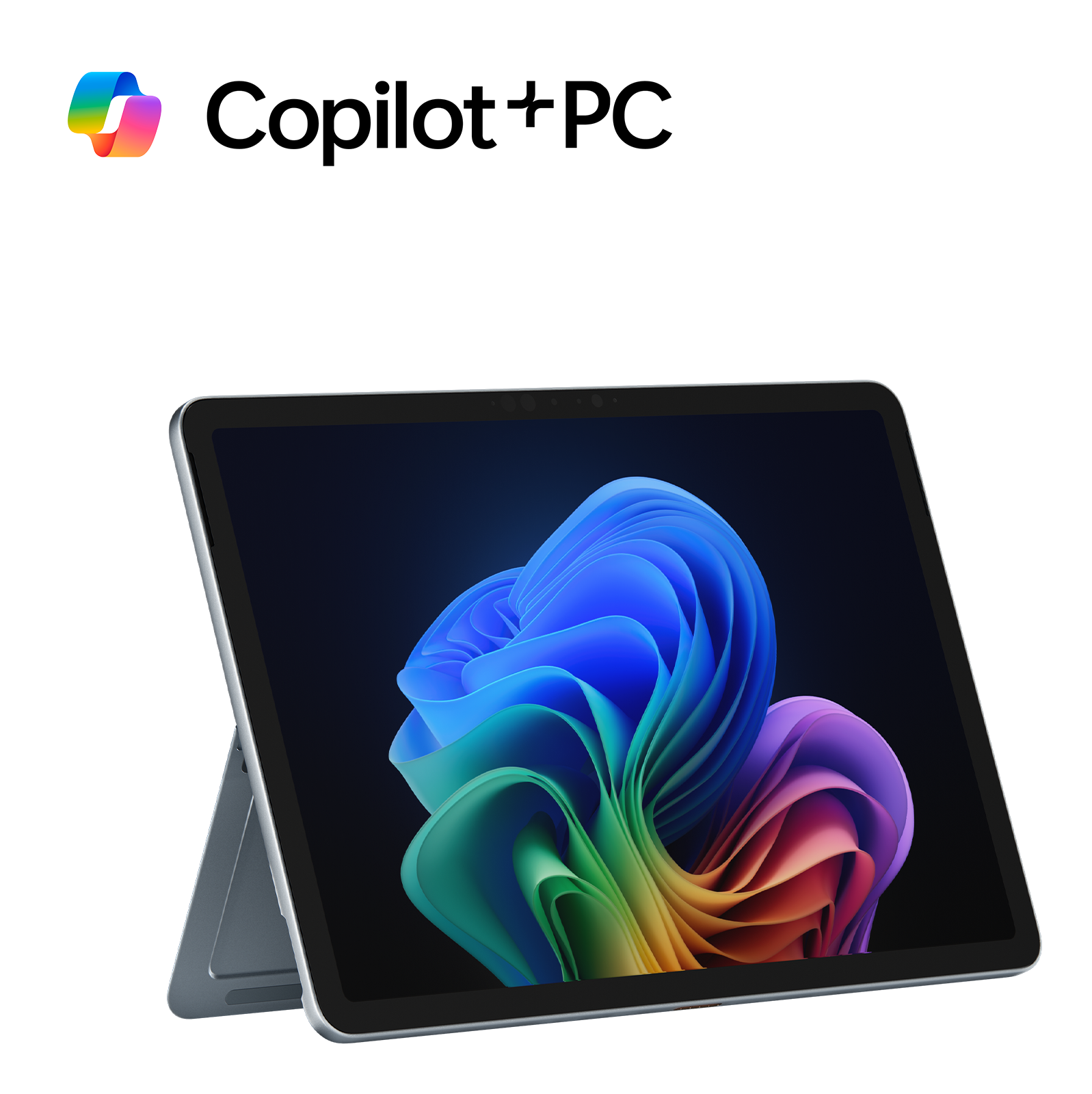Une tablette bleue affichant un fond abstrait coloré, avec un logo.