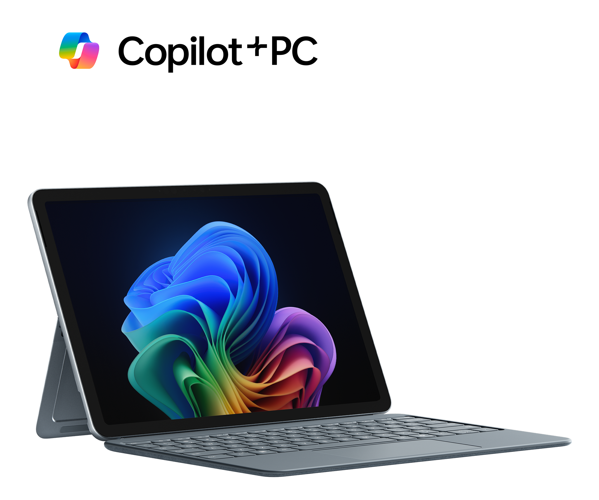 Une tablette bleue avec clavier affichant un fond abstrait coloré, avec un logo.