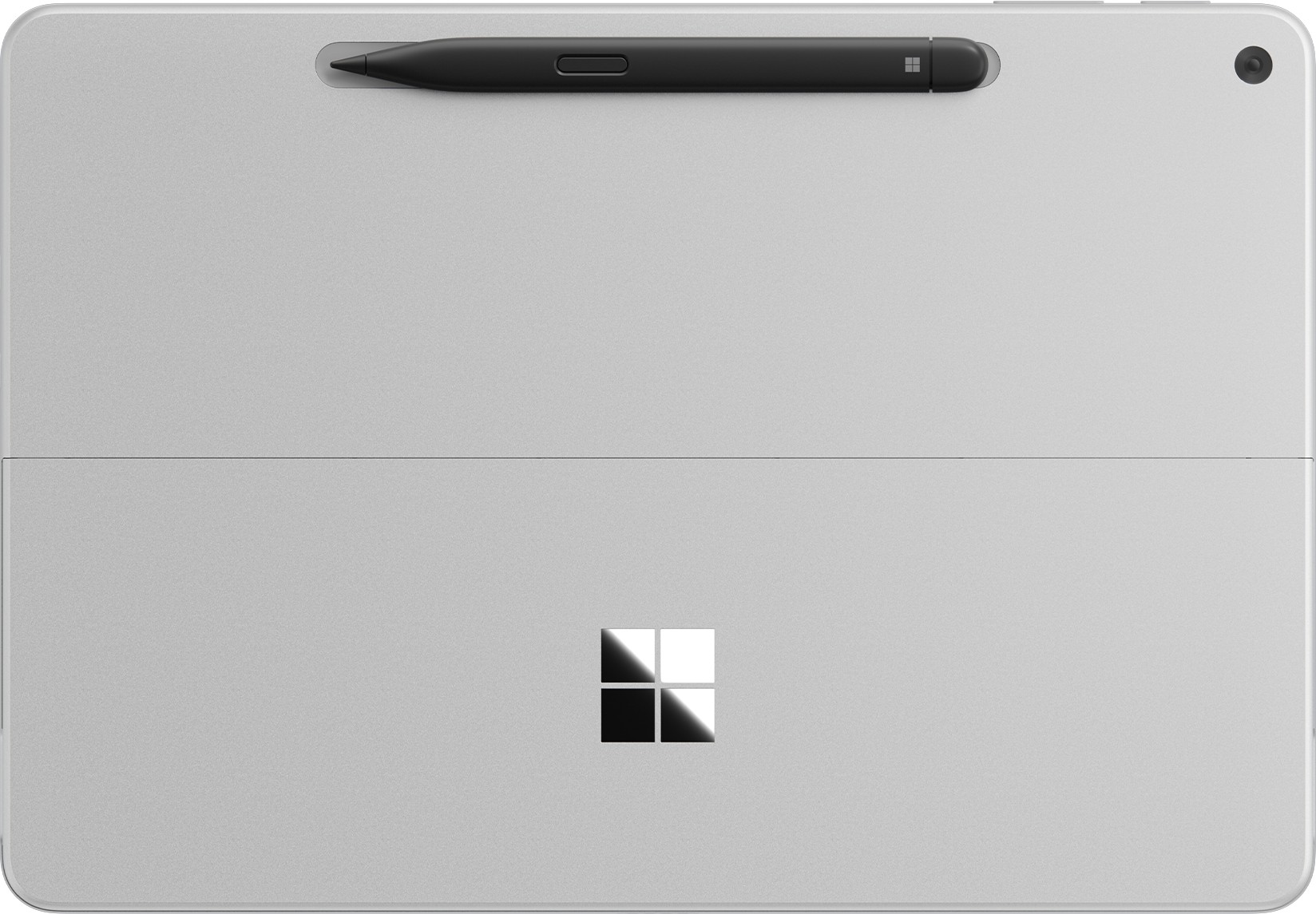 Draufsicht auf ein silbernes Tablet mit schwarzem Stift und Windows-Logo.