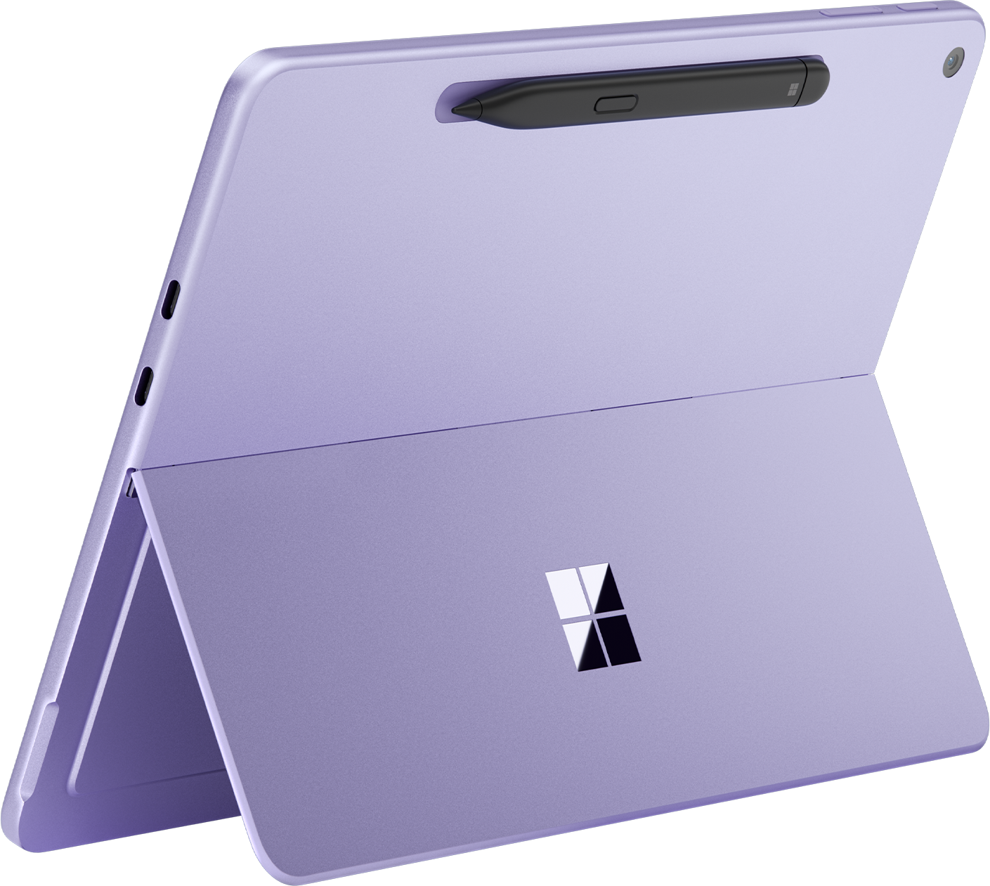 Ein lila Tablet mit geöffnetem Ständer, Windows-Logo und Stiftanschluss.