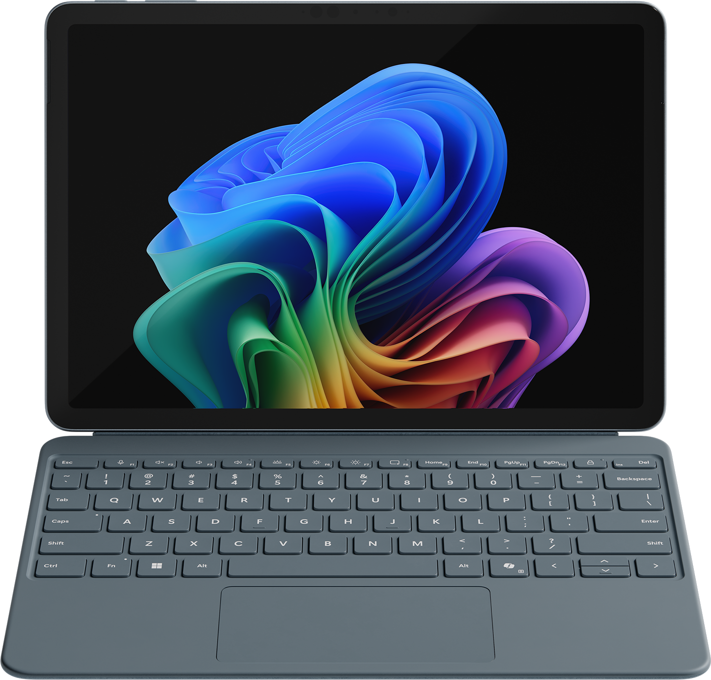 Une tablette avec clavier affichant un arrière-plan d'écran coloré et ondulé.