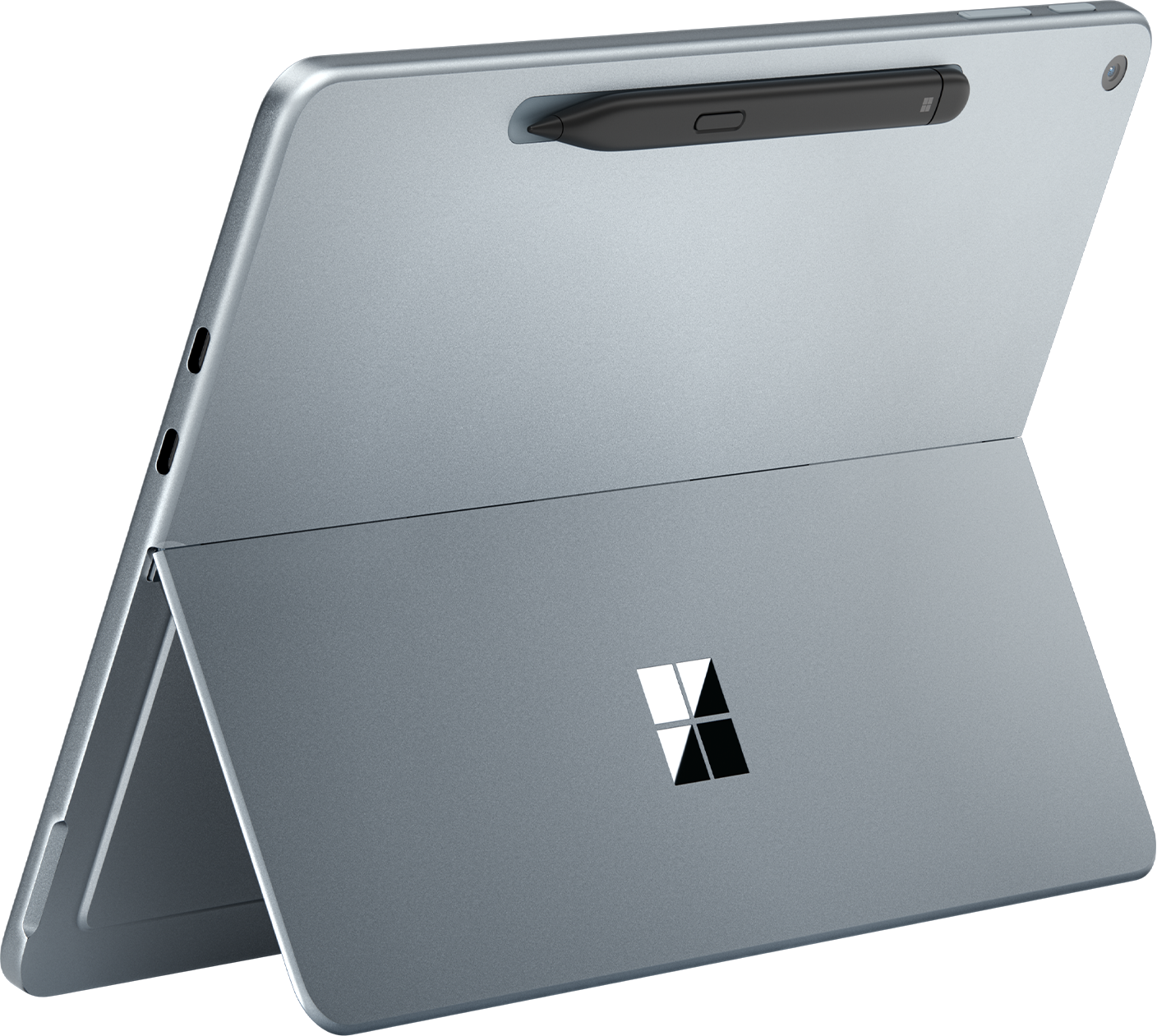 Une tablette grise partiellement dépliée, avec un stylo en haut et un logo Windows visible.