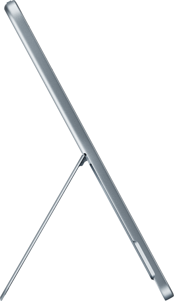 Une tablette grise inclinée contre un fond noir, soutenue par un support.