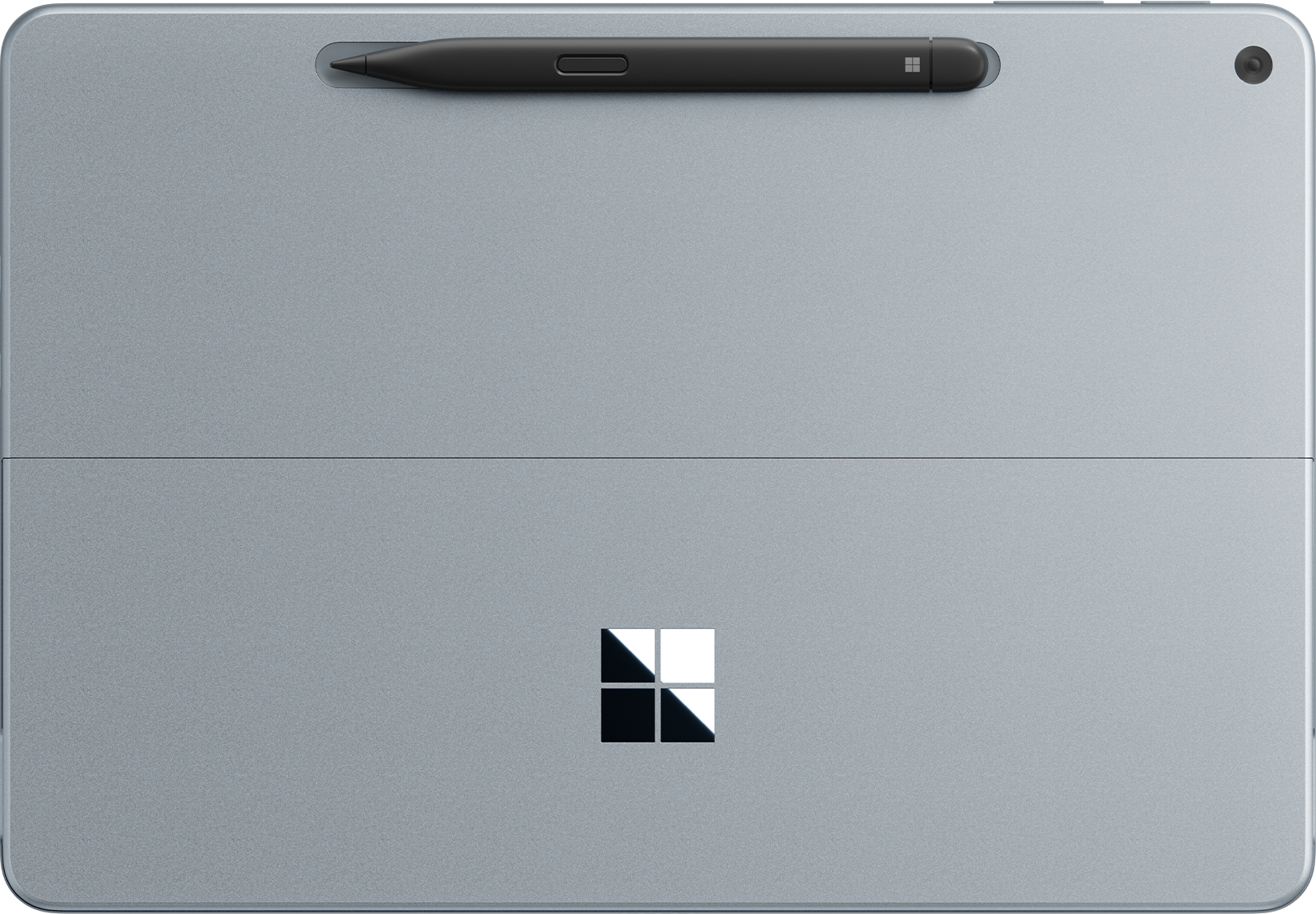 Une tablette grise avec un stylo et le logo Windows au dos, sur fond noir.