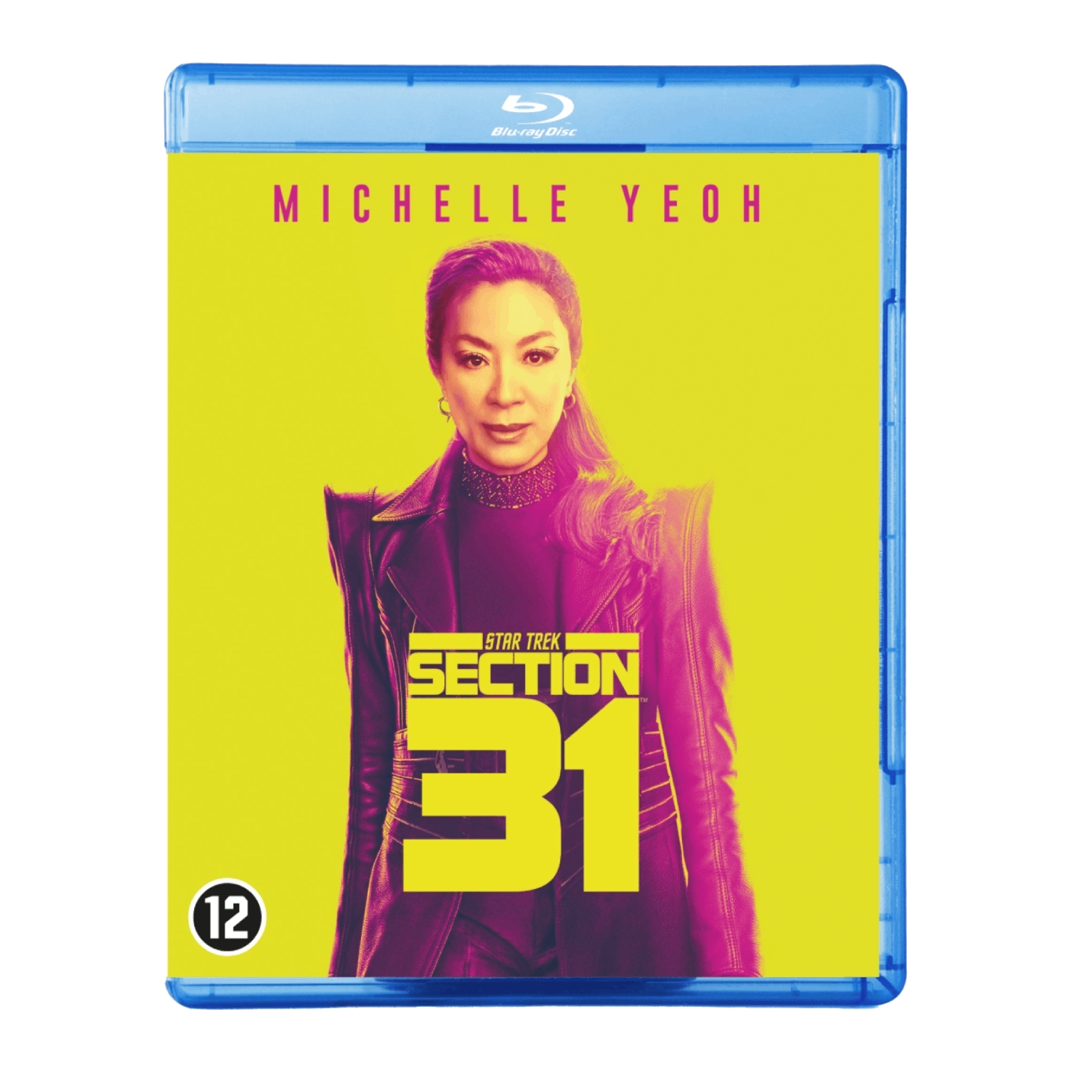 Michelle Yeoh op een Star Trek: Section 31 Blu-ray cover. Gele achtergrond, paarse jas en het nummer 12.