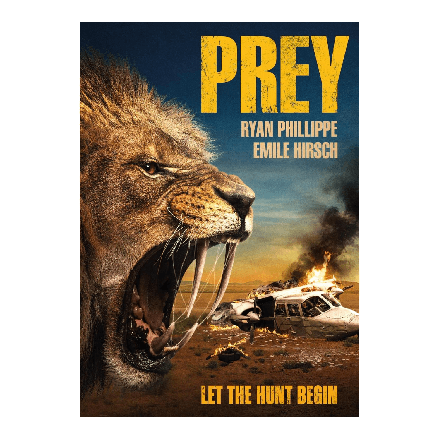 Filmposter met een brullende leeuw. Een neergestort vliegtuig brandt op de achtergrond, met de titel "PREY" en acteursnamen.