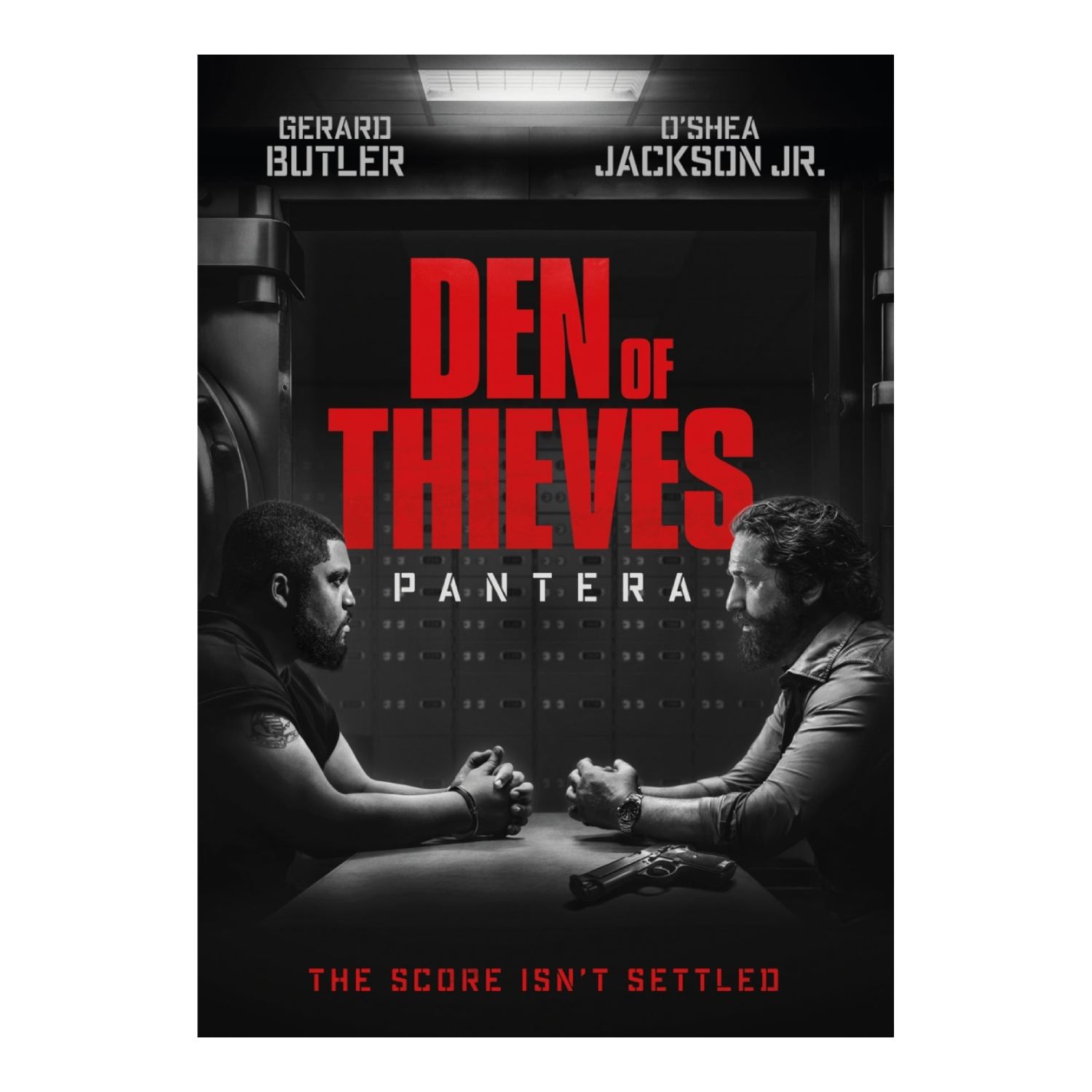 Affiche du film 'Den of Thieves'. Deux hommes se font face à une table. Un pistolet est posé. Titre en rouge.