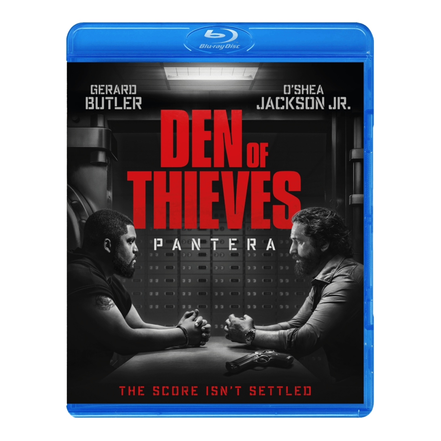 Couverture du film, titre 'Den of Thieves'. Deux hommes se font face à une table avec une arme à feu. Boîtier de disque Blu-ray avec texte rouge.