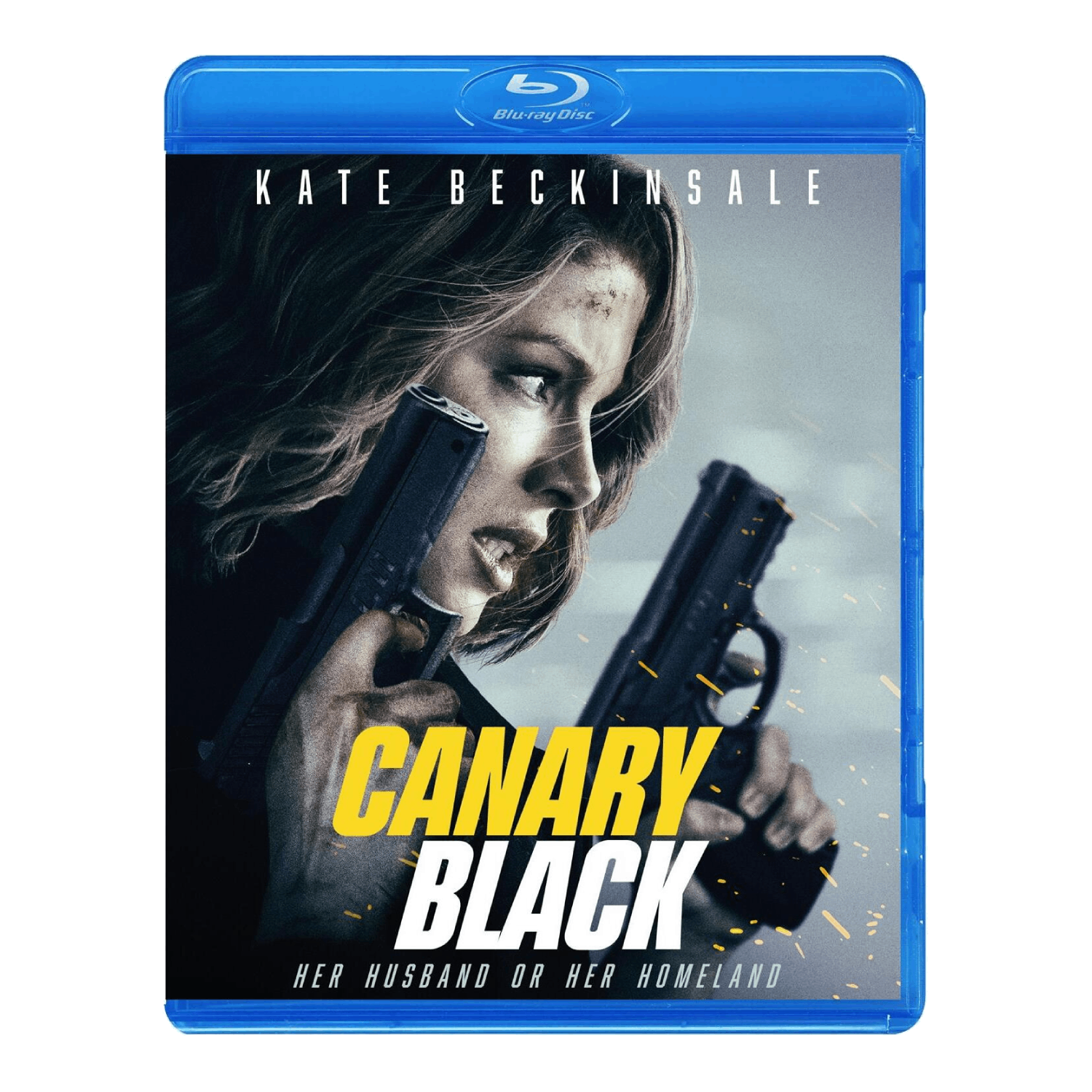 Couverture Blu-ray de 'Canary Black'. Kate Beckinsale tient deux pistolets. Titre en jaune et blanc. Slogan : Son mari ou sa patrie.