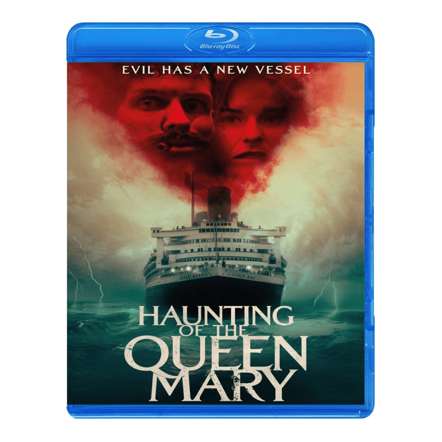 Blu-ray cover: Twee gezichten, schip in storm, titel 'Haunting of the Queen Mary'.