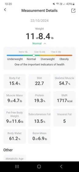 Mérési adatok képernyője, súly 11st 8.4lb, BMI 22.7, testzsír 15.4%, egyéb egészségügyi mutatók, dátum 2024.10.22.