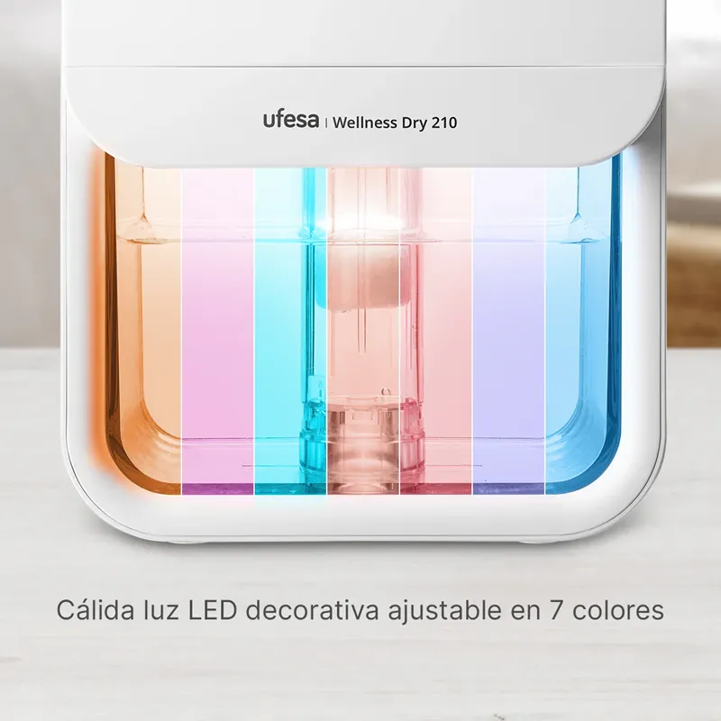 Közelkép az Ufesa Wellness Dry 210-ről színes LED-fényekkel.