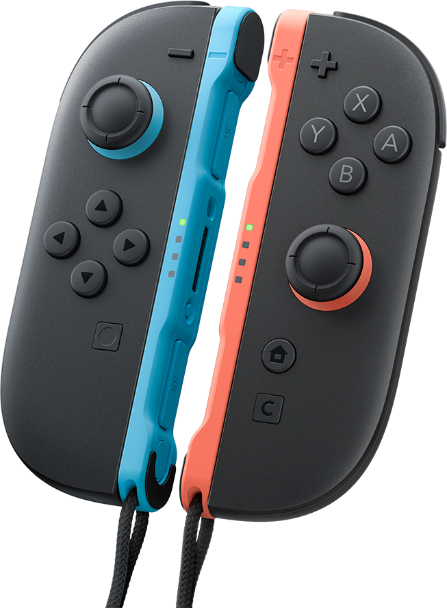 Joy-Con vezérlők, kék és piros, gombokkal és oldalsó gombokkal, fekete háttérrel.